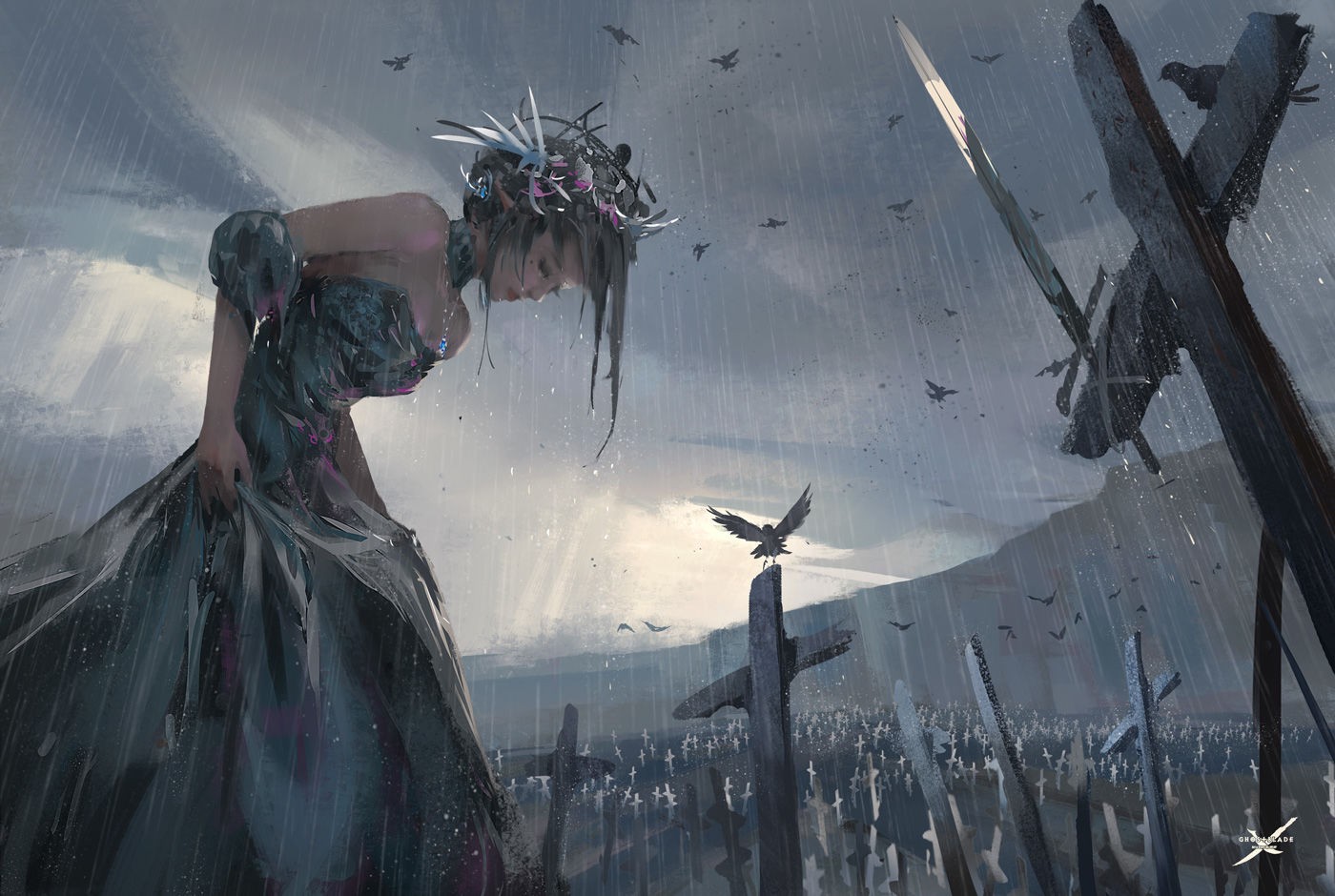 Anime girl in a dark dress in a graveyard HD Wallpaper