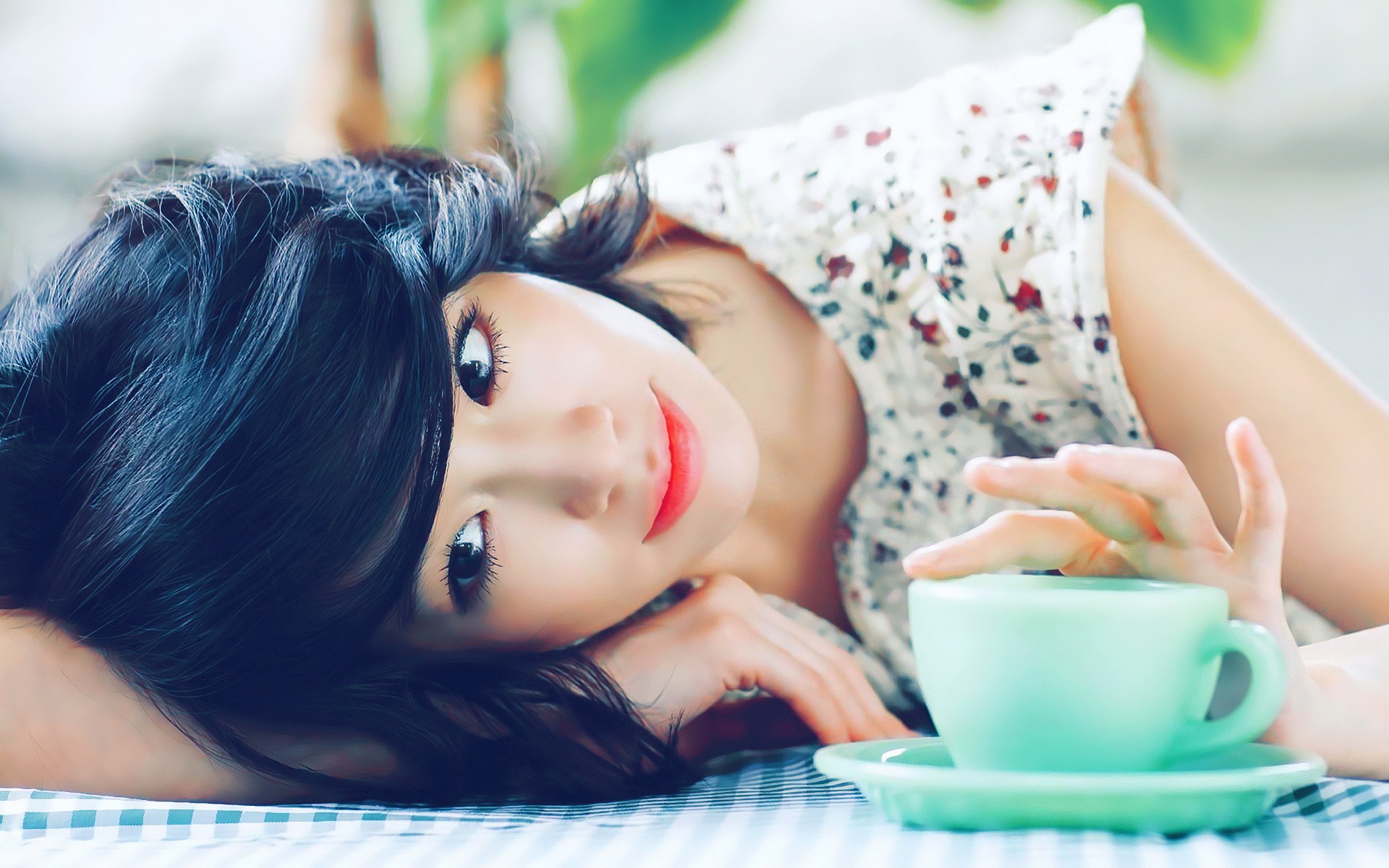 Asian woman with black hair and a floral dress HD Wallpaper