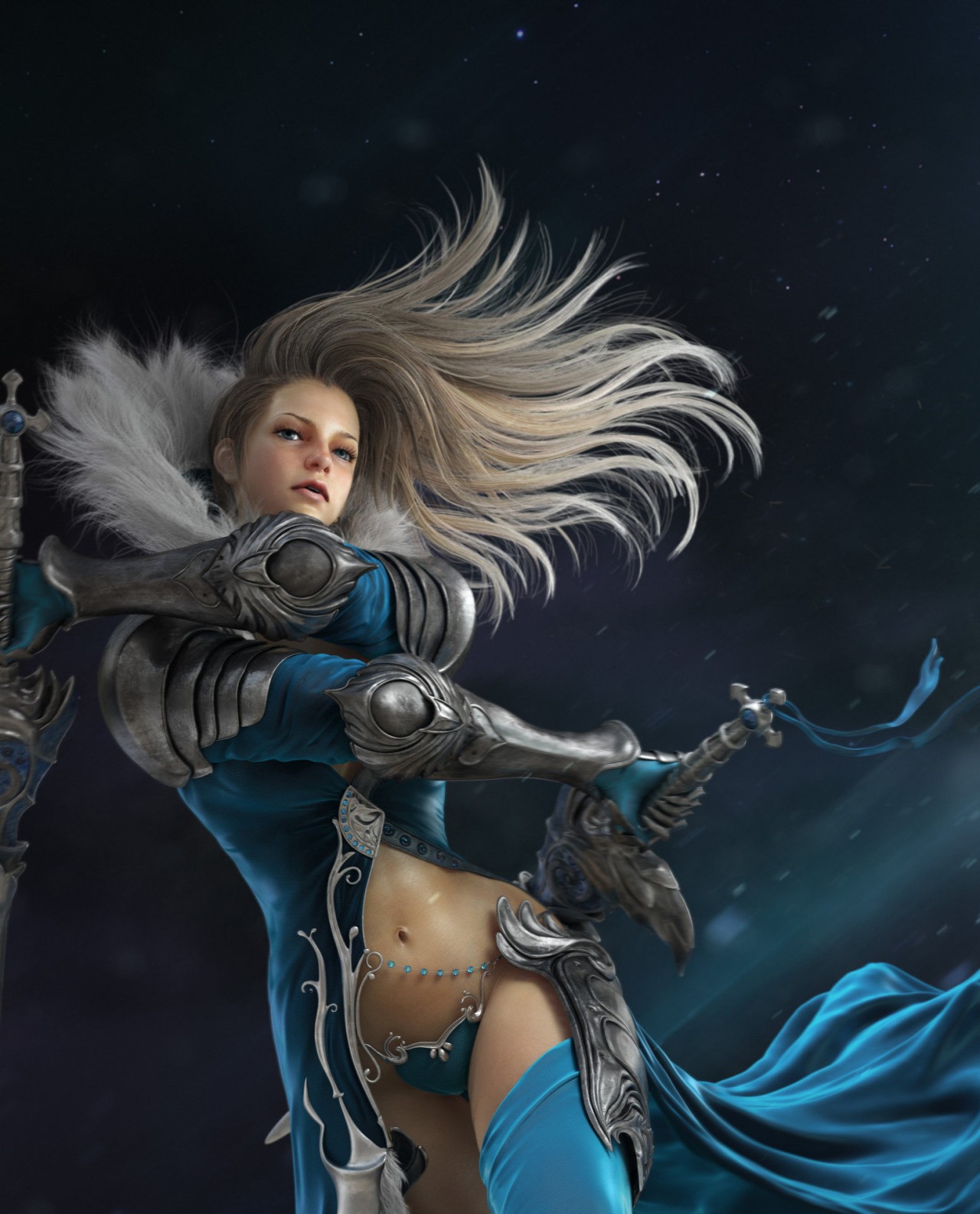 Blonde warrior with swords and blue dress HD Wallpaper