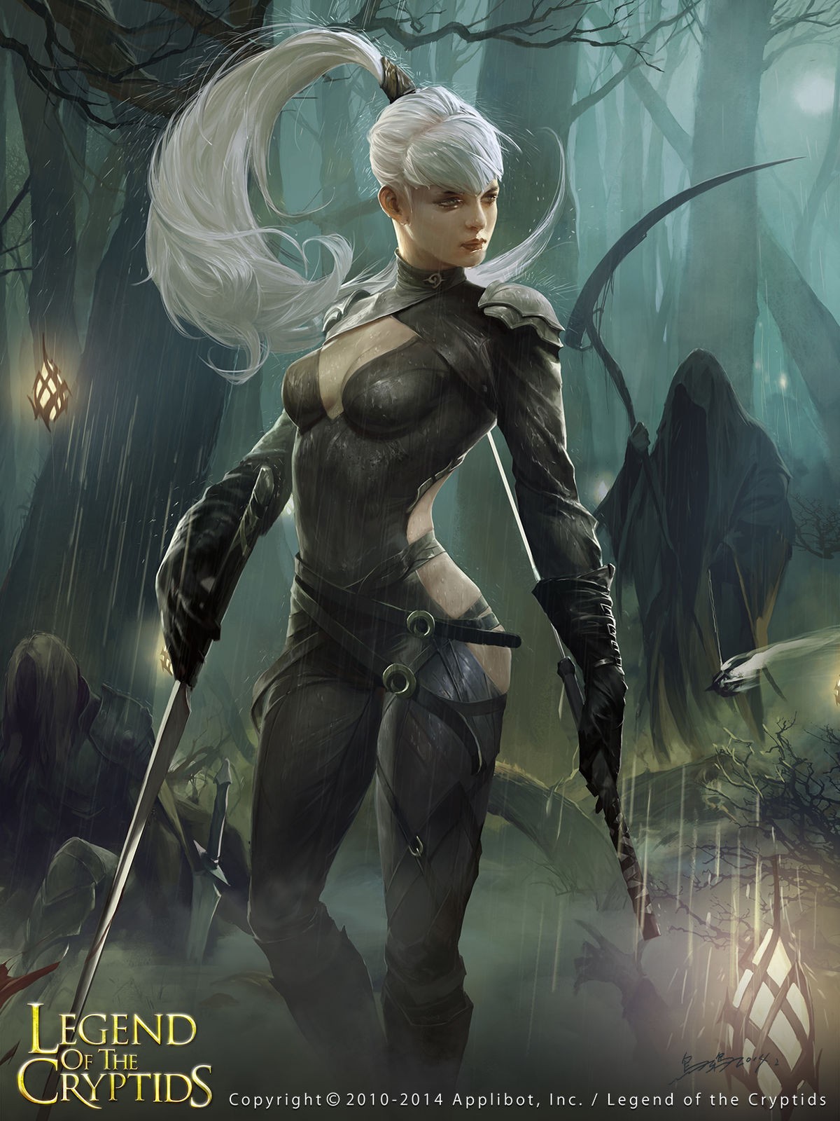 Legend of the Cryptids: White-haired warrior in a dark forest HD Wallpaper