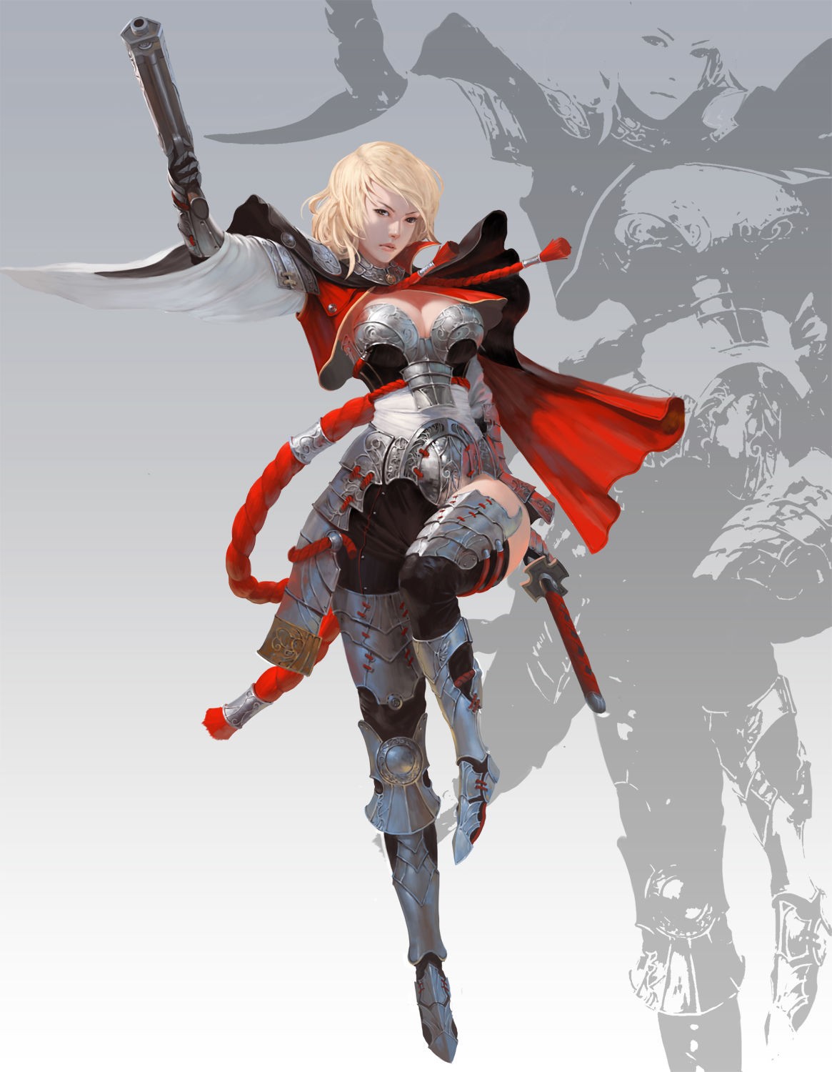 Anime girl in ornate armor with a gun and sword HD Wallpaper