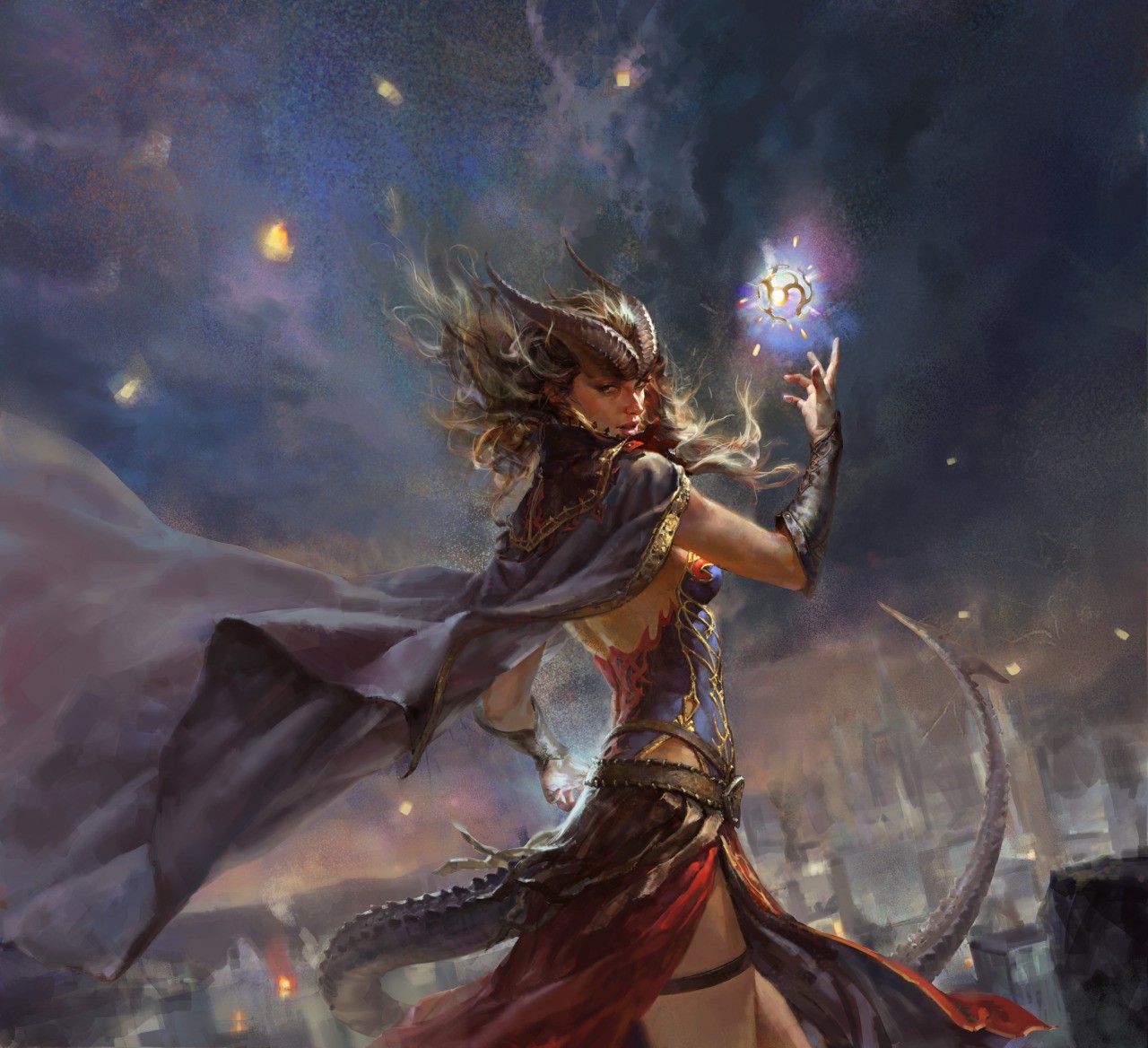 Dragon-horned sorceress conjures a glowing orb HD Wallpaper