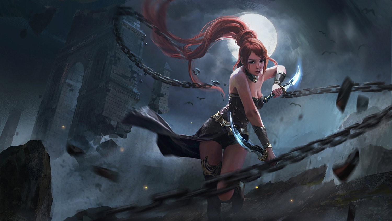 Anime warrior girl with chains and crescent blades HD Wallpaper