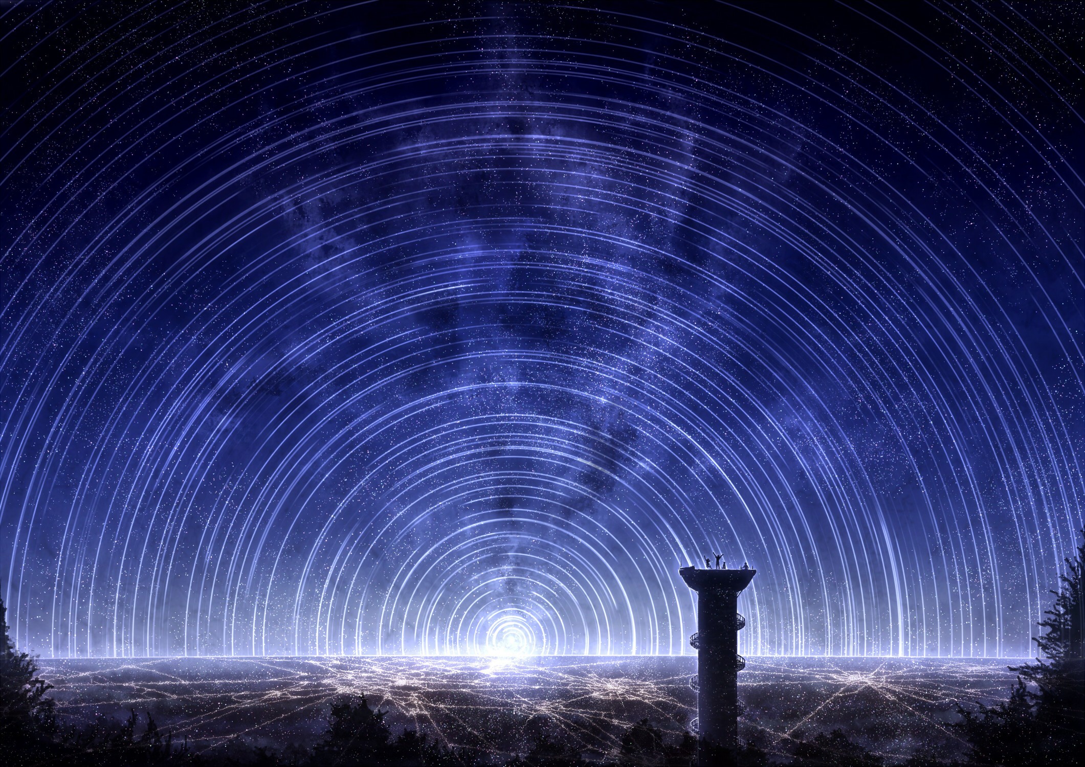 Fantasy art of a city at night with star trails HD Wallpaper
