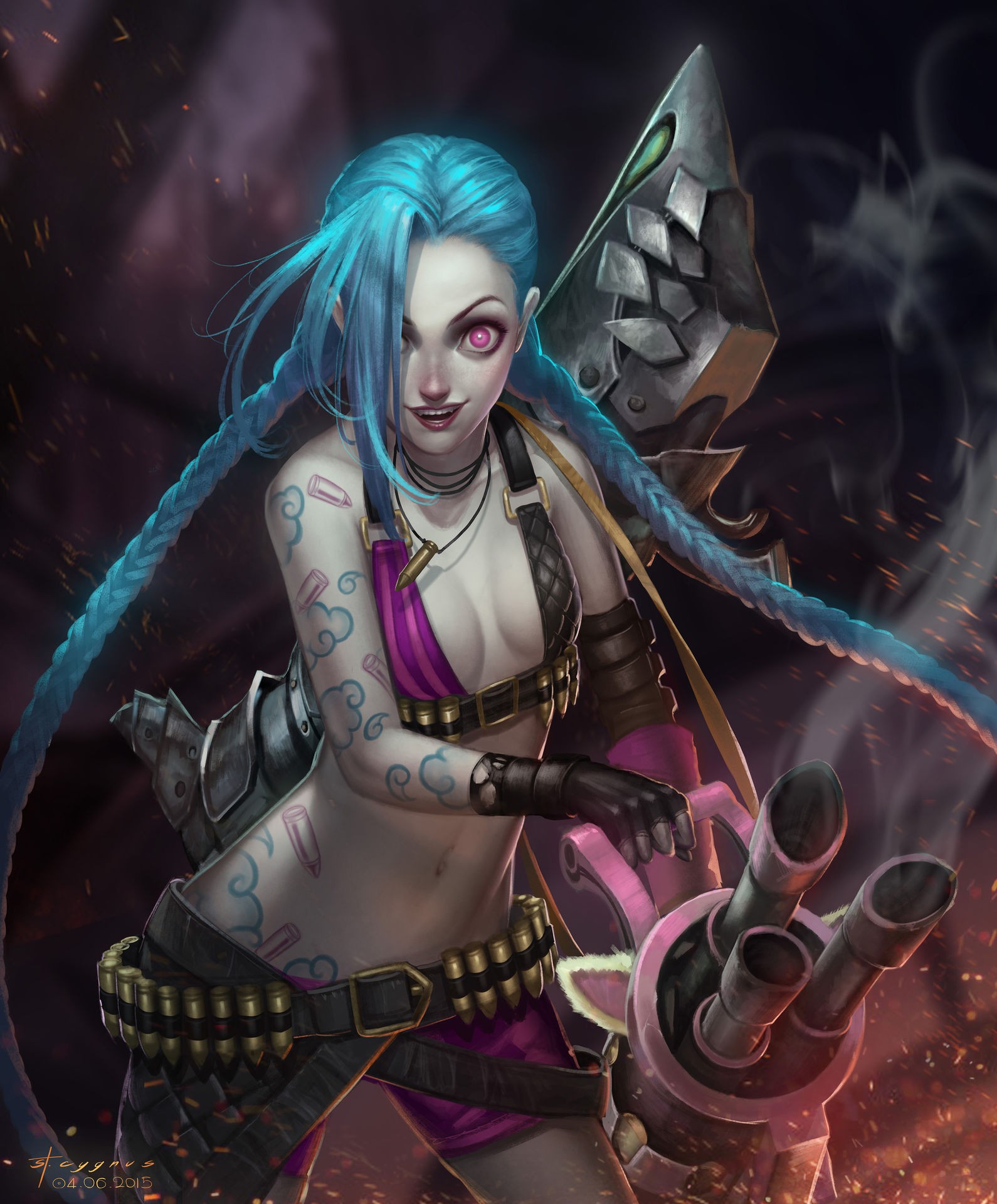 Jinx from League of Legends with her weapon HD Wallpaper