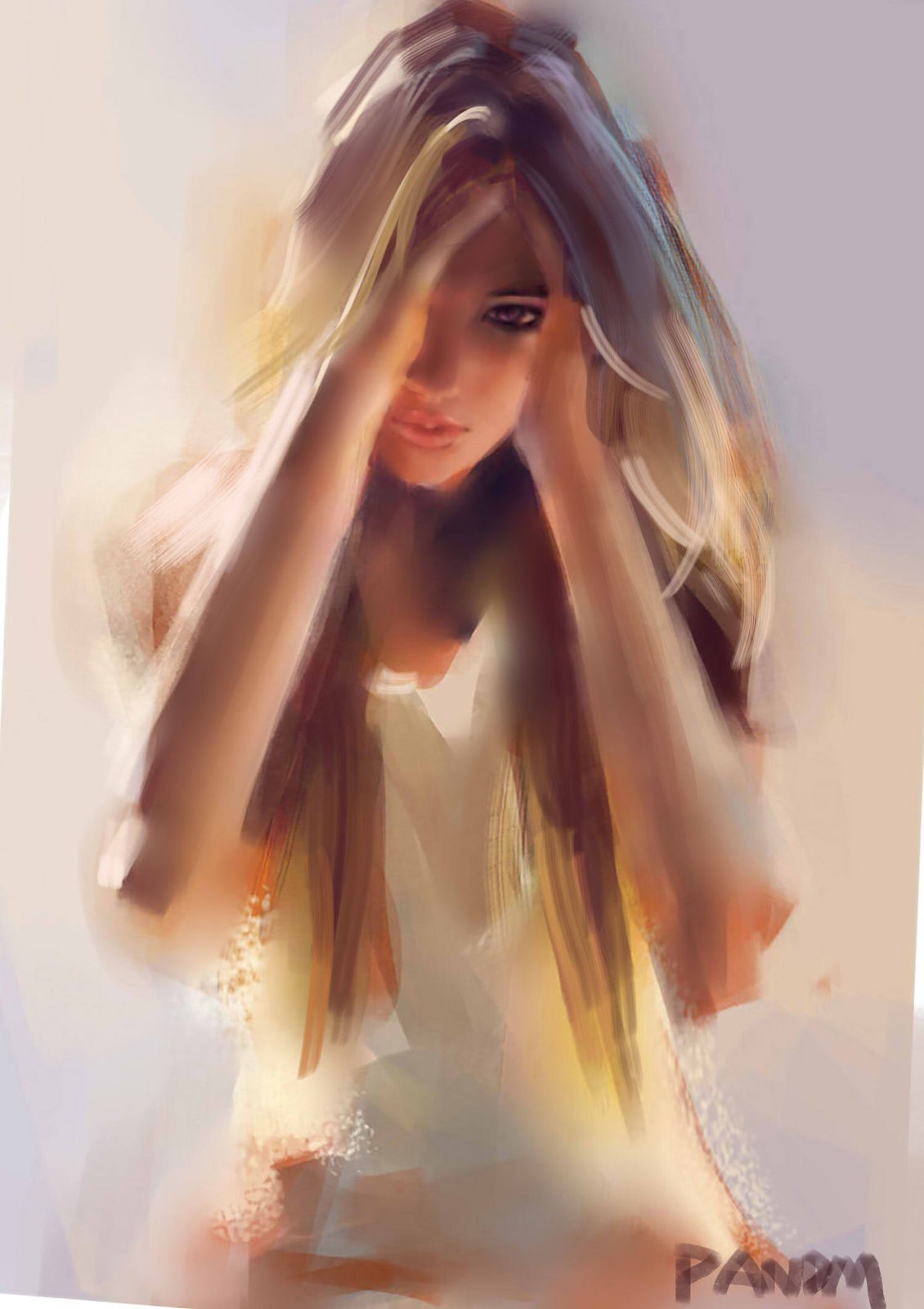 Painting of a woman with hands on her head HD Wallpaper