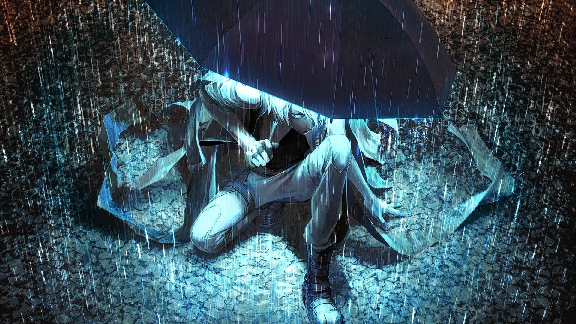 Man with umbrella in the rain HD Wallpaper