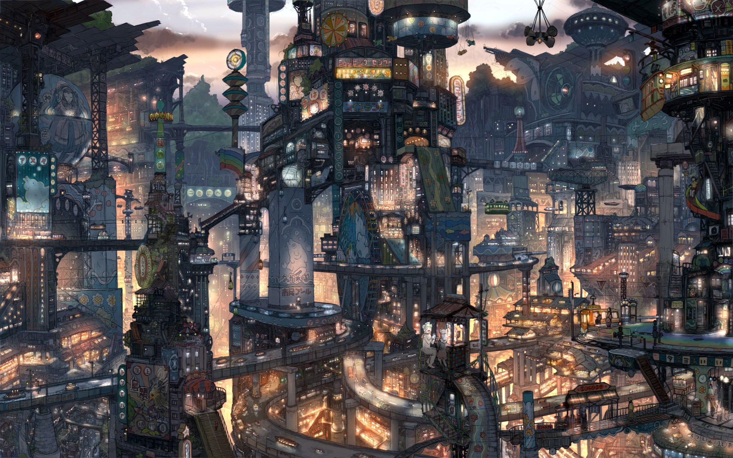 Fantasy city with intricate architecture and glowing lights HD Wallpaper