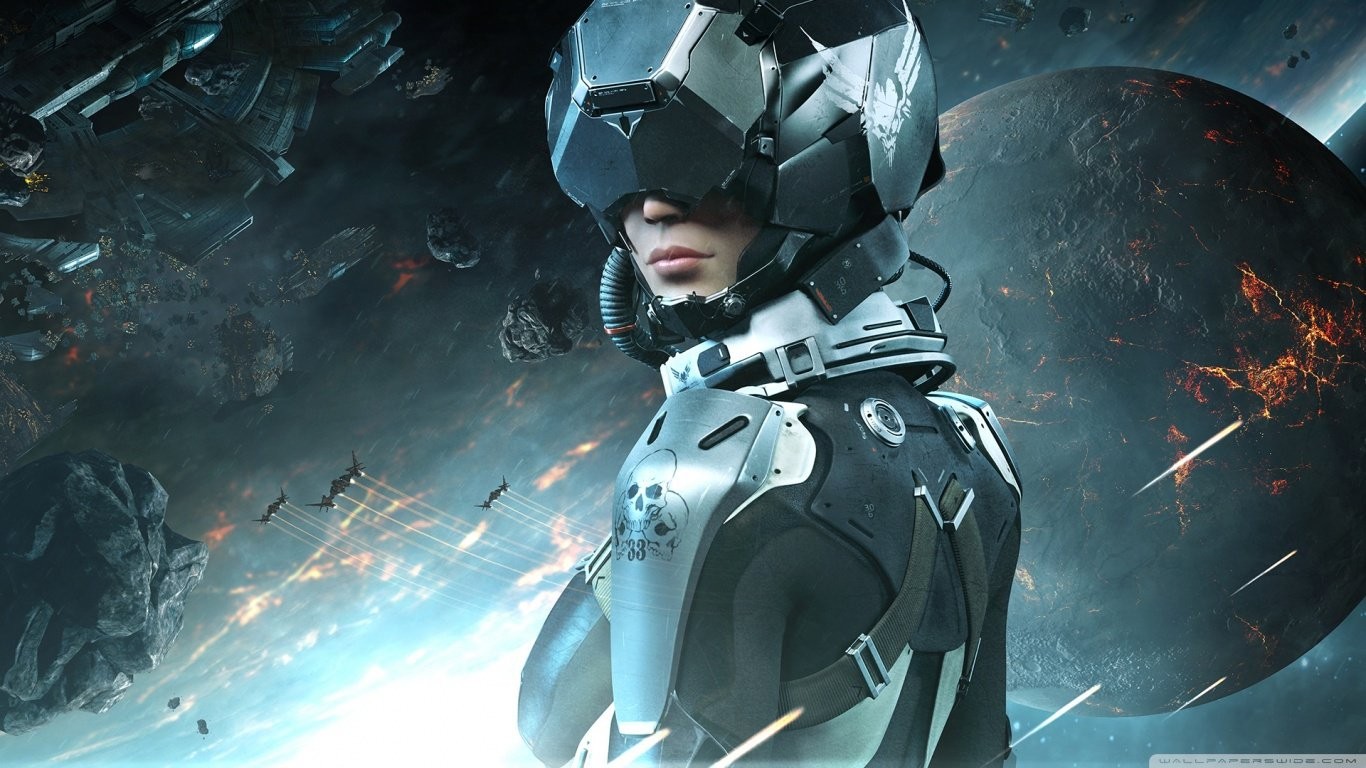 Eve: Valkyrie pilot in futuristic armor with planet and ships HD Wallpaper