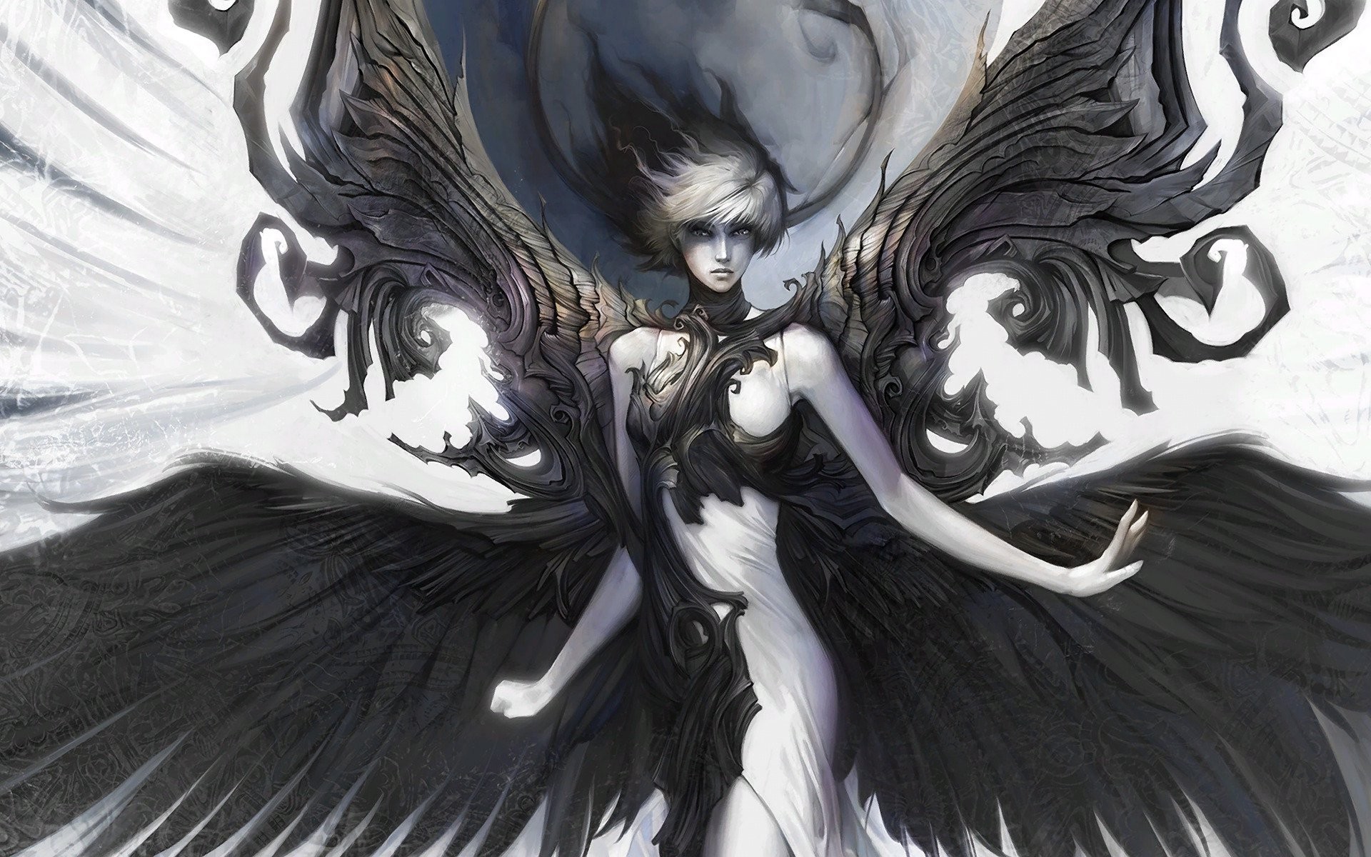 Fantasy art of a winged being with black and white wings HD Wallpaper