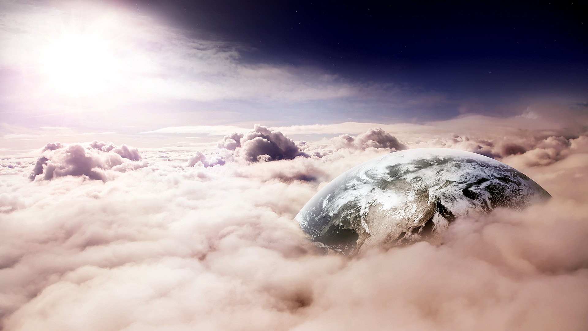 Earth emerging from clouds with sun and stars HD Wallpaper