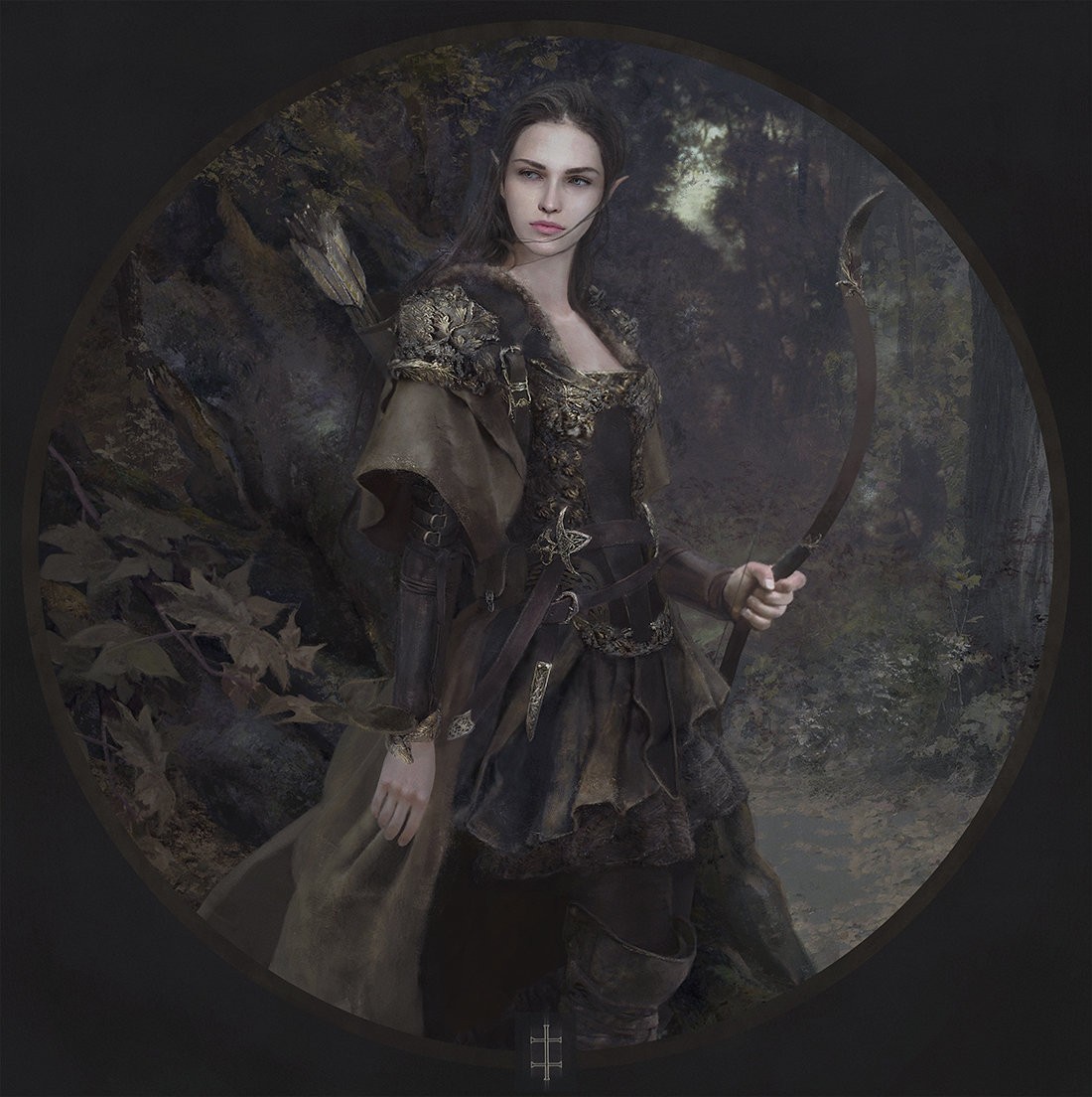 Elf woman with bow in a forest HD Wallpaper