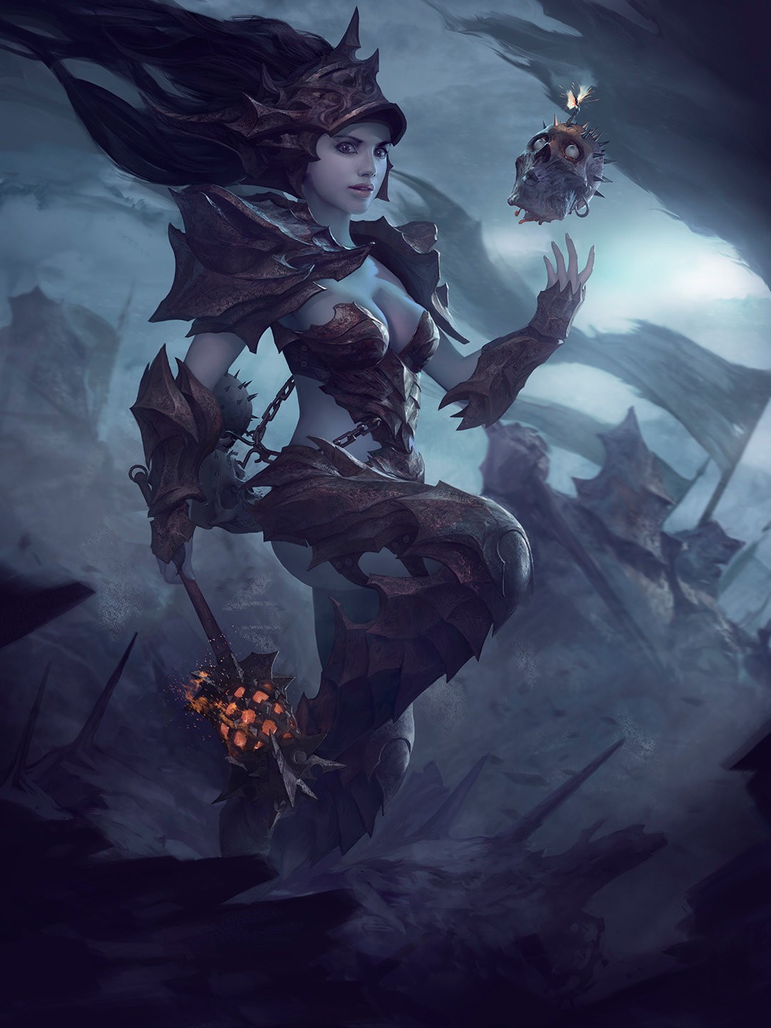 Warrior woman with spiked armor and a skull HD Wallpaper