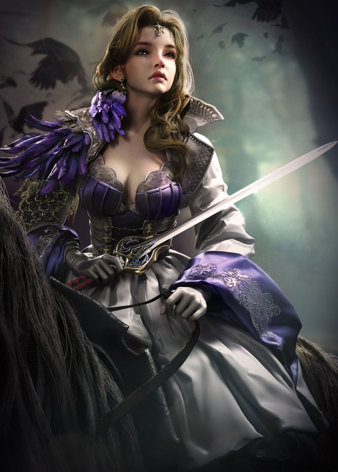 Fantasy art of a woman with a sword on a horse HD Wallpaper