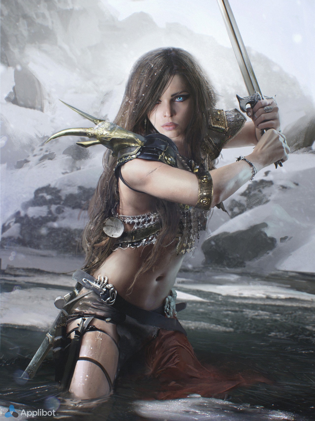 Warrior woman with sword in snowy landscape HD Wallpaper