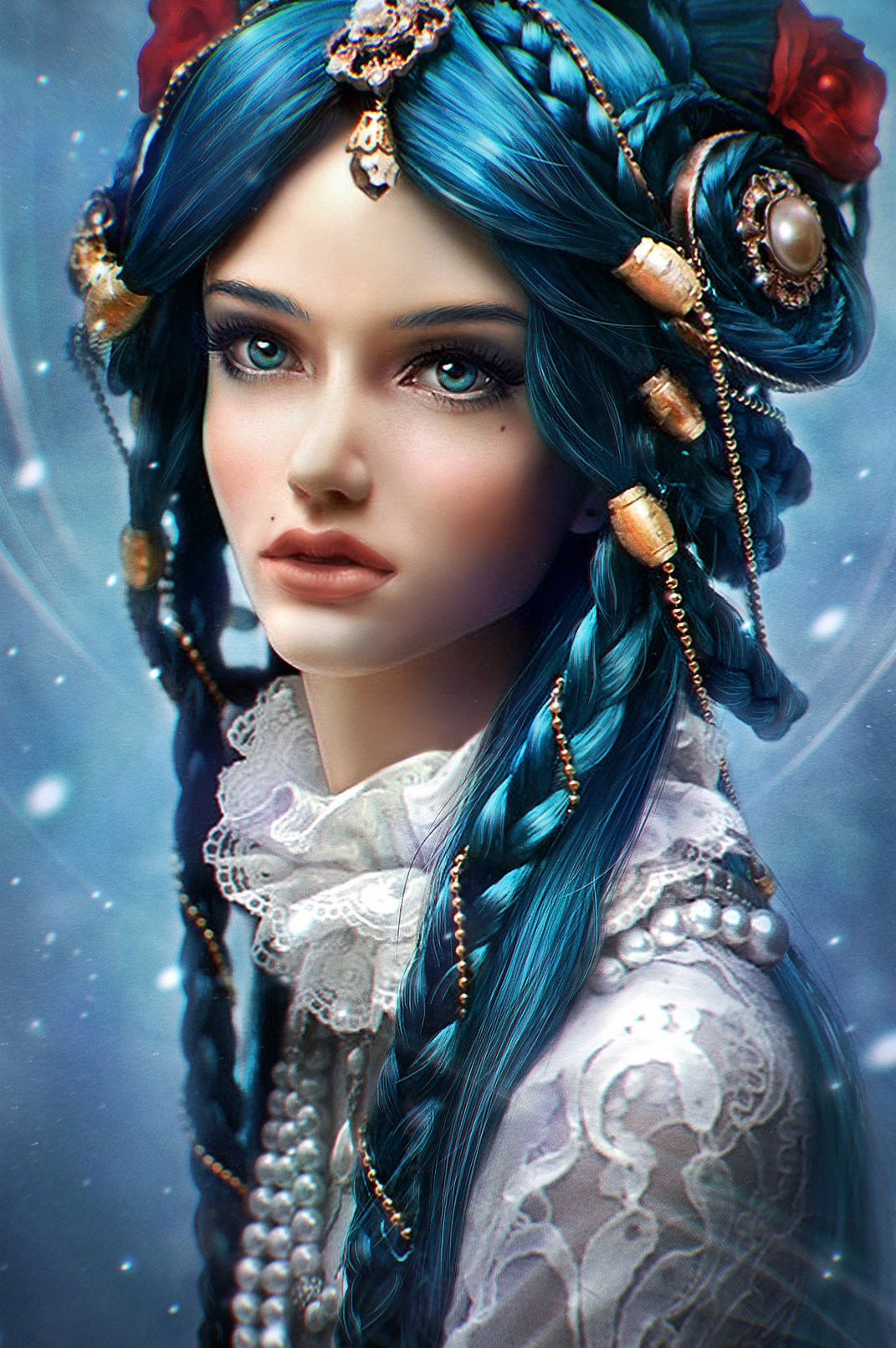 Woman with blue braided hair and ornate jewelry HD Wallpaper