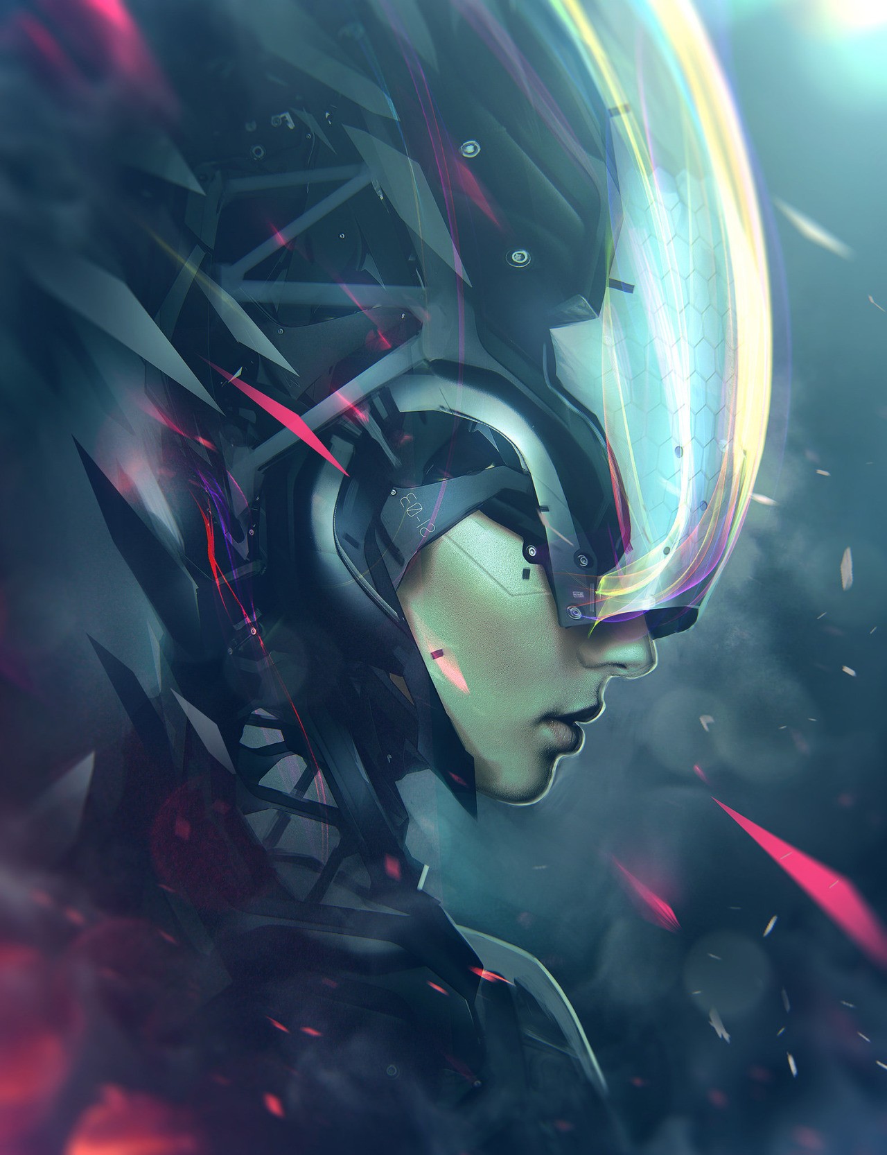 Sci-fi woman with futuristic helmet and glowing visor HD Wallpaper