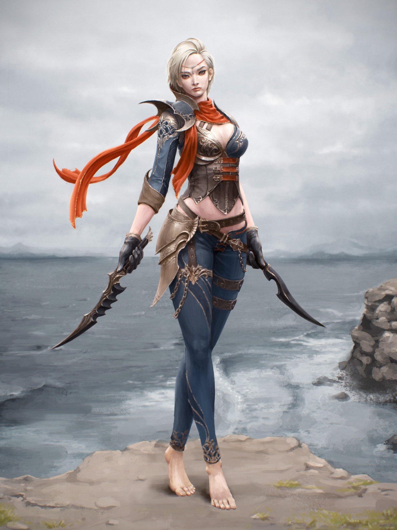 Female warrior with daggers by the sea HD Wallpaper
