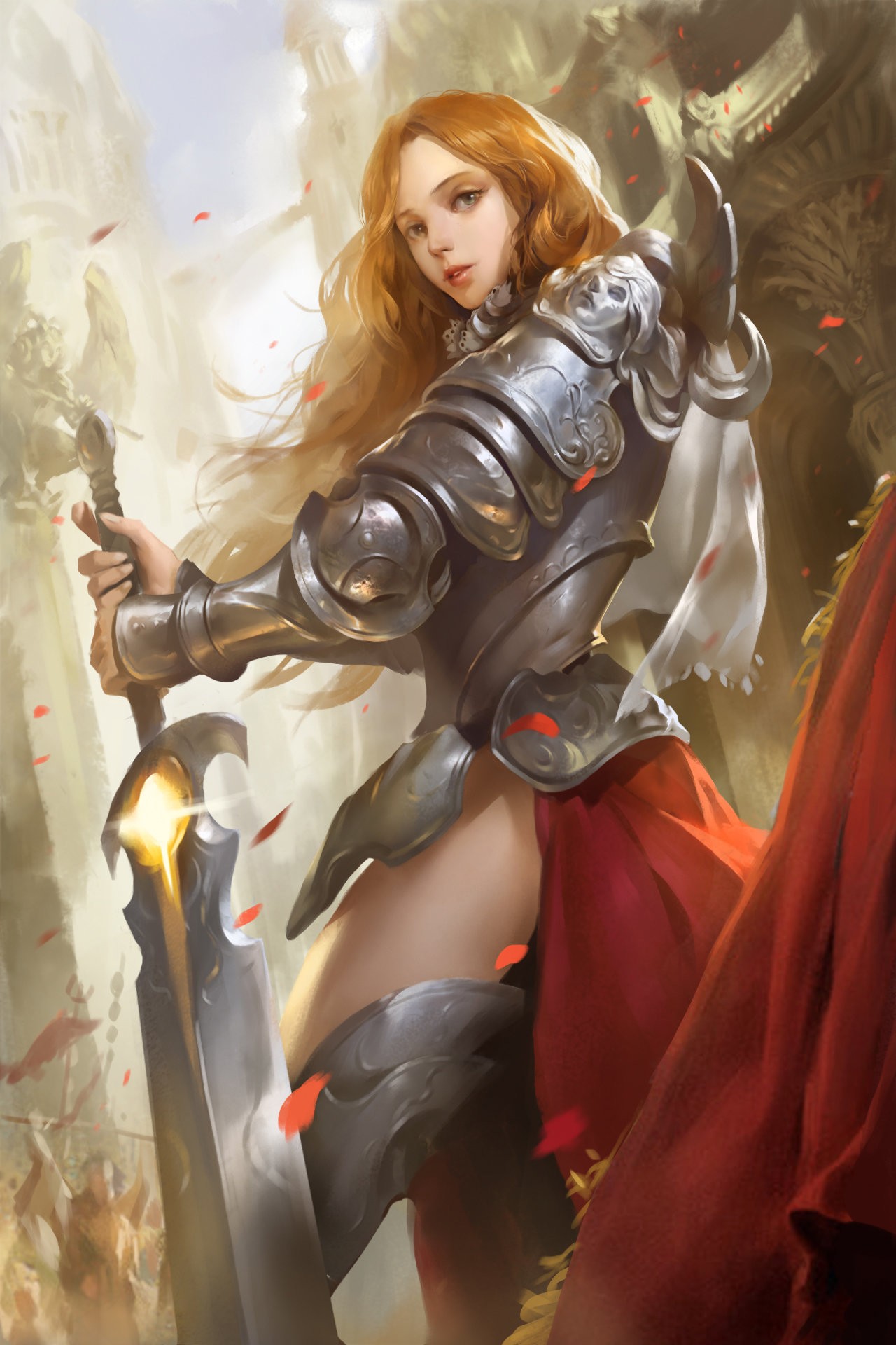 Anime warrior girl with sword and red cape HD Wallpaper