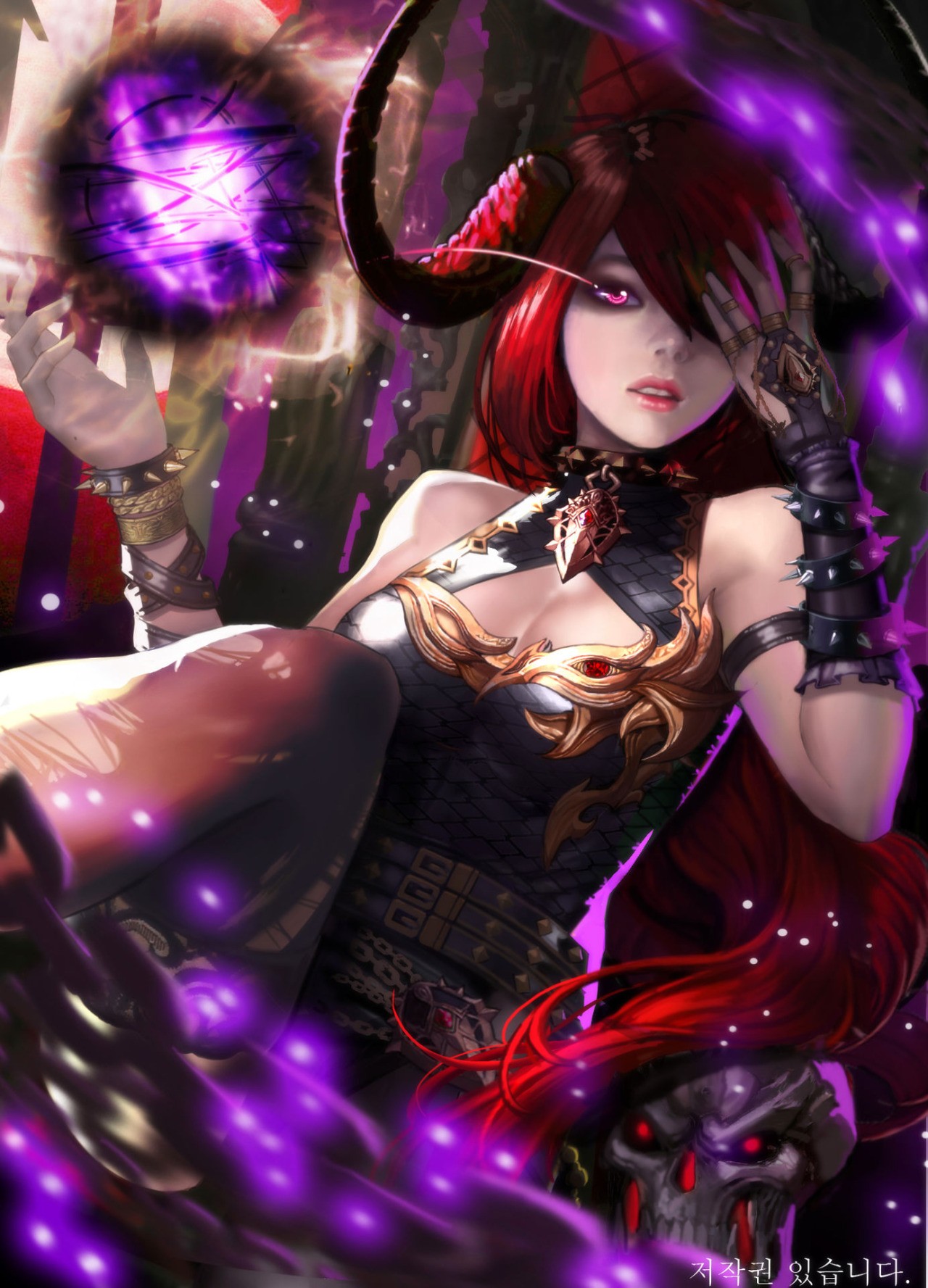 Anime girl with red hair and horns casting magic HD Wallpaper