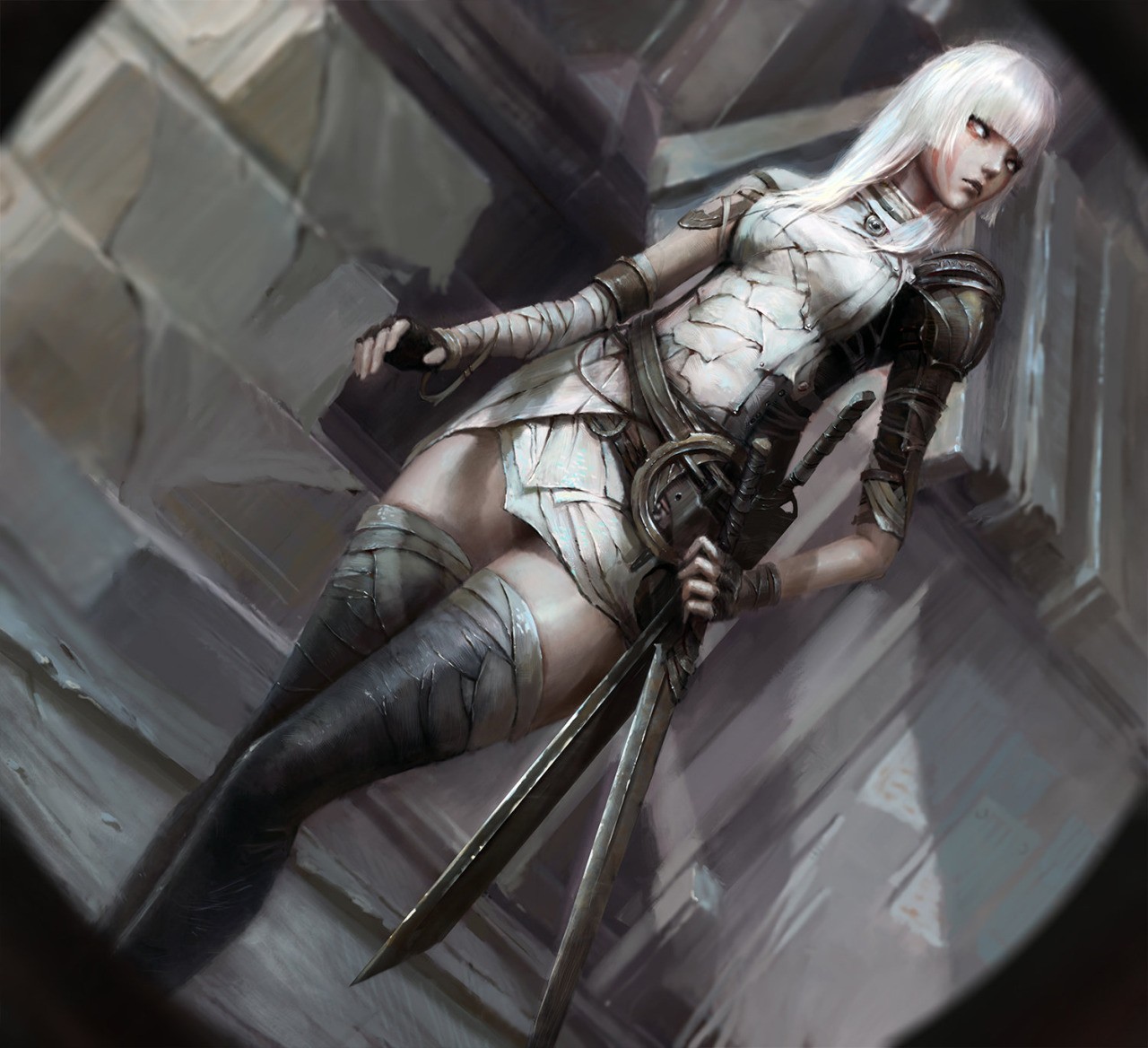 Anime warrior with white hair and swords HD Wallpaper