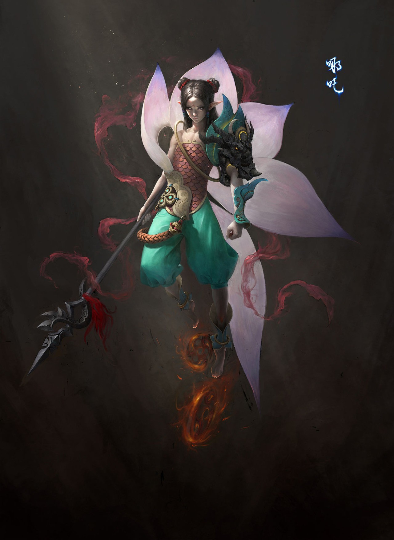 Anime warrior girl with lotus wings and spear HD Wallpaper