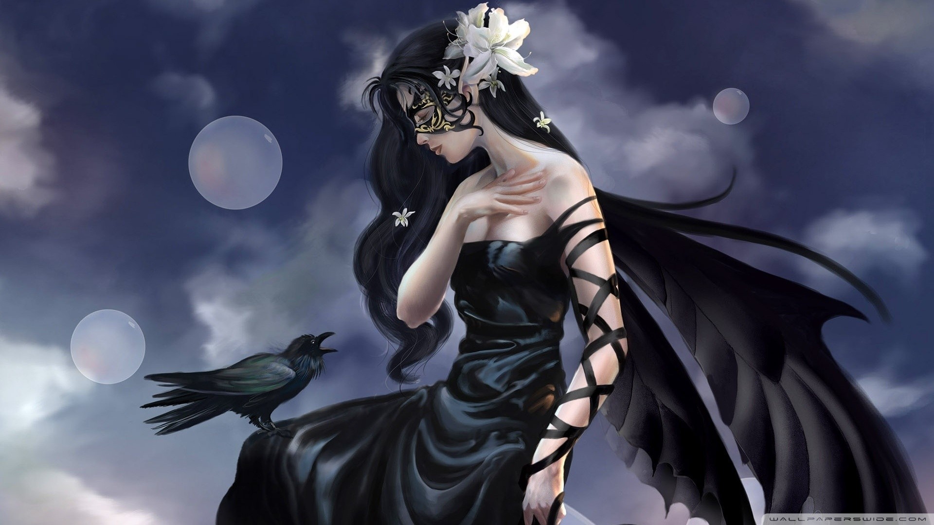 Woman with crow and black wings HD Wallpaper