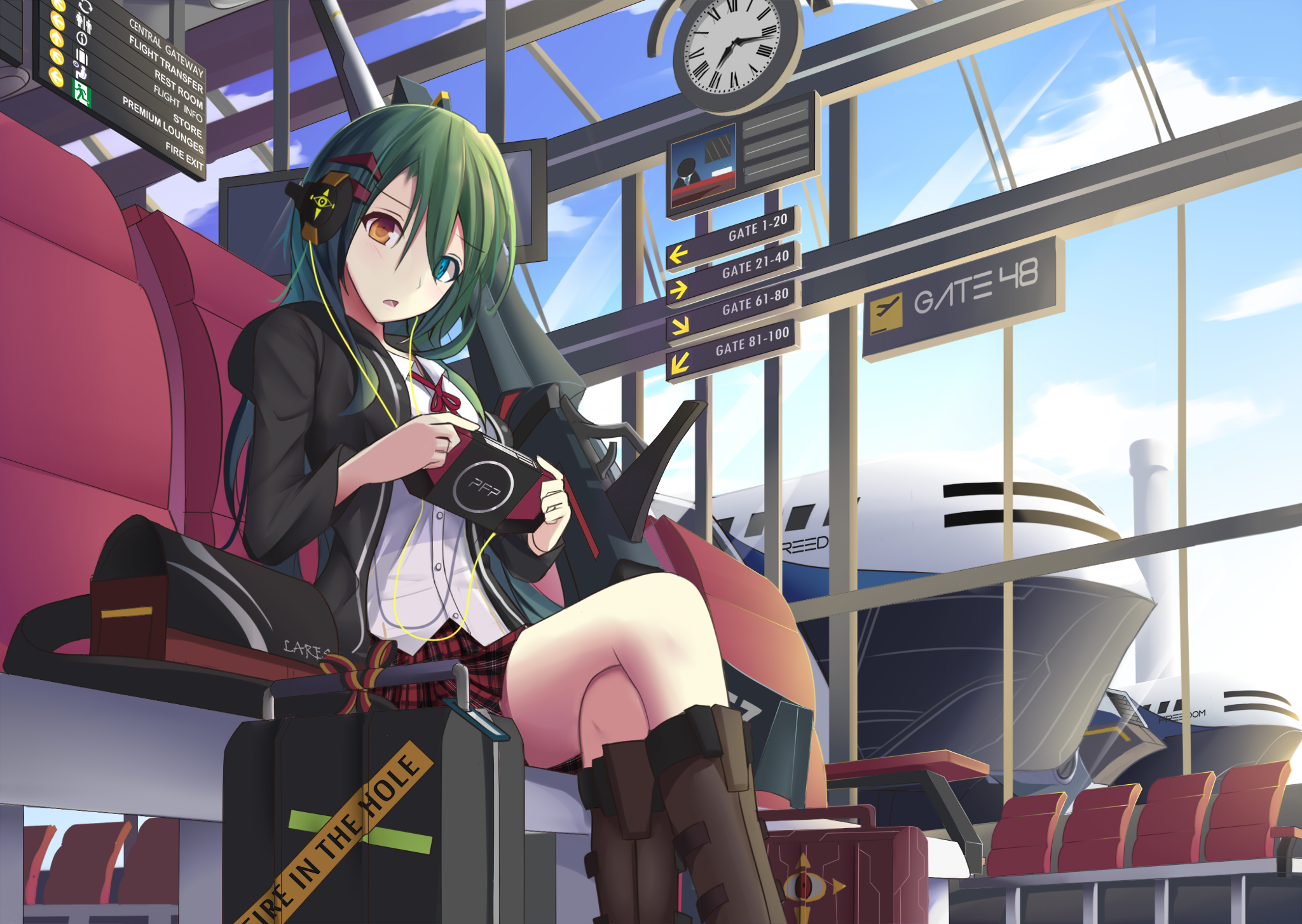 Anime girl with heterochromia at airport HD Wallpaper