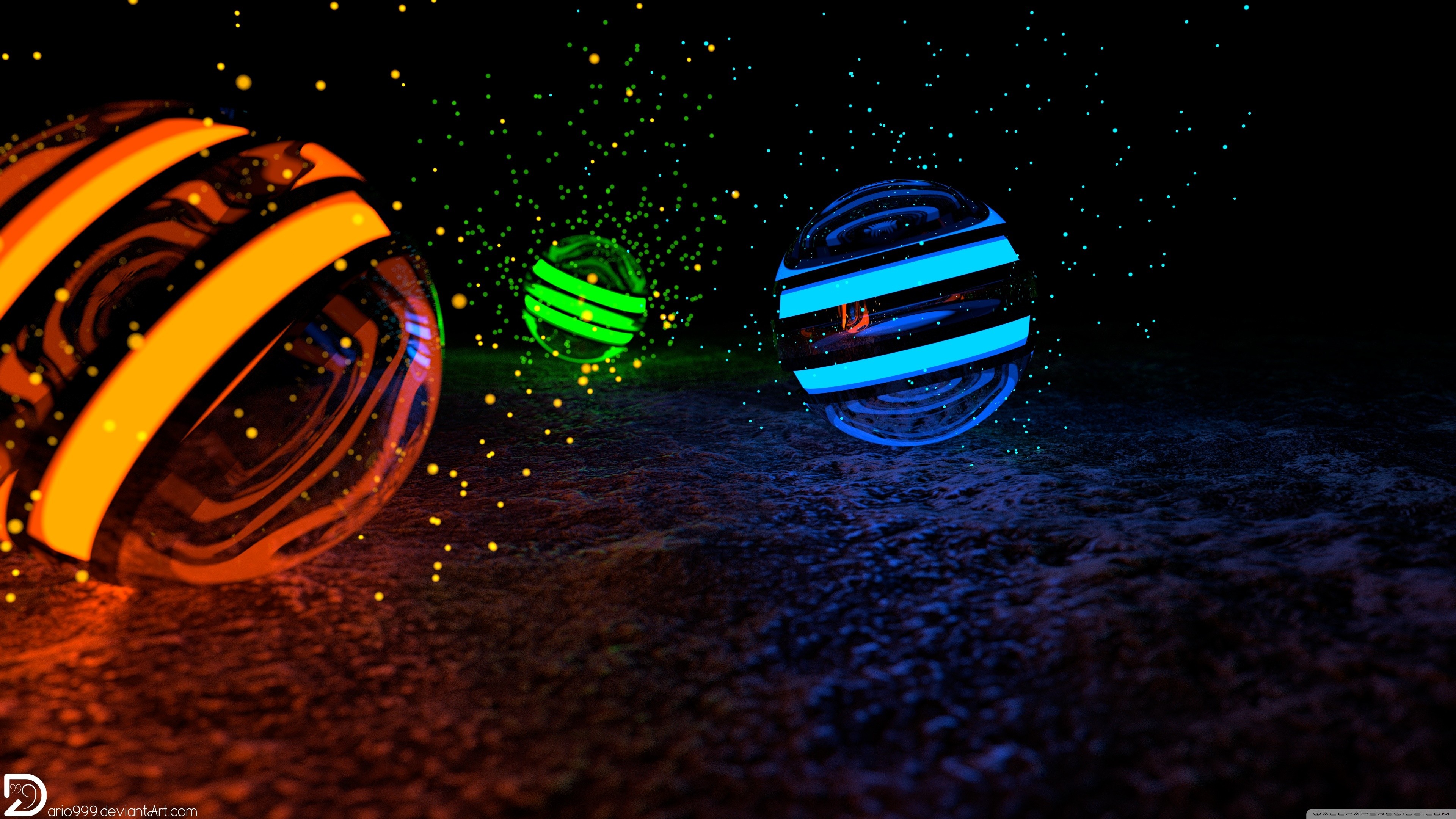 Orange, Green, and Blue Spheres with Glowing Particles HD Wallpaper