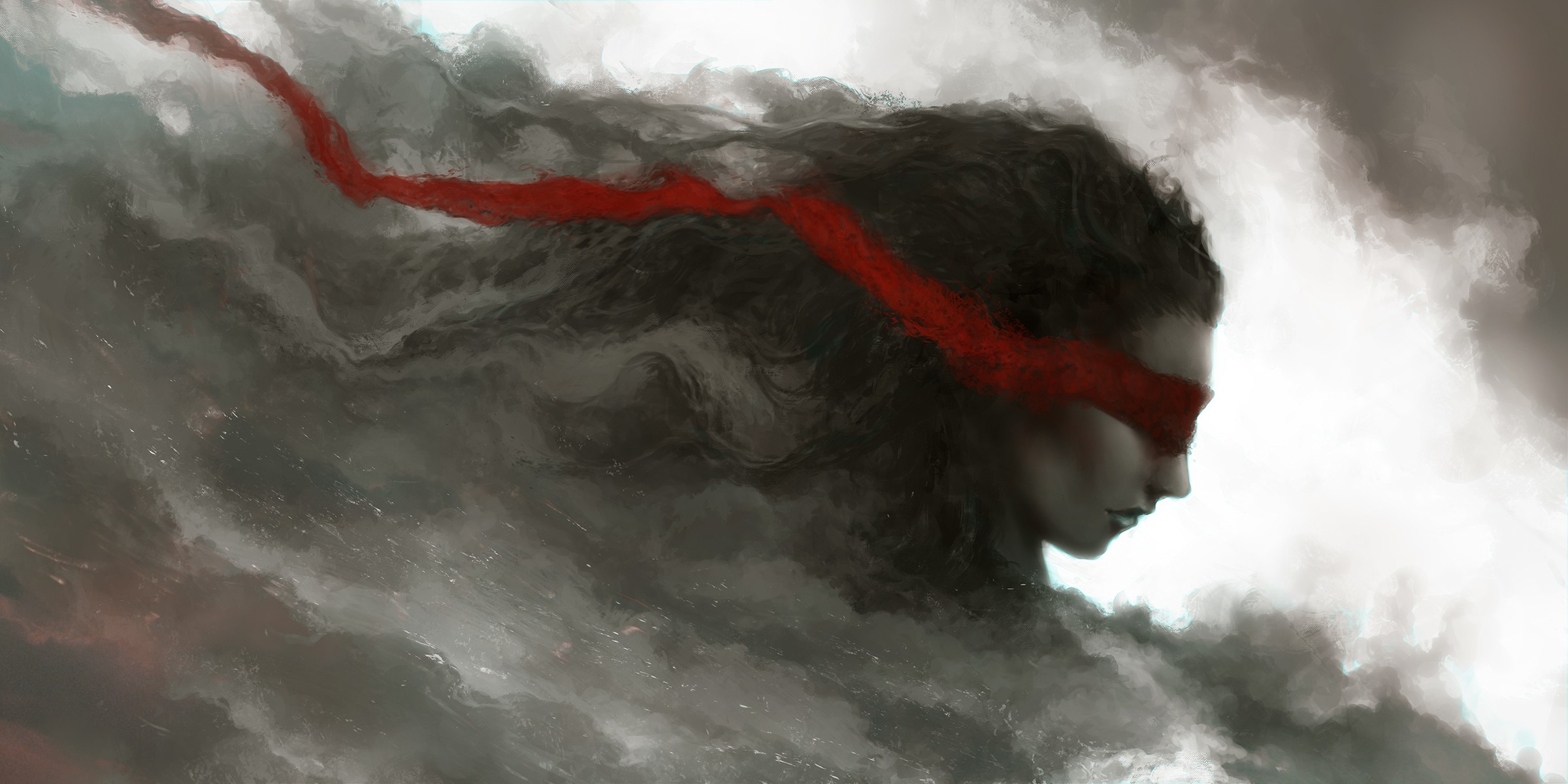 Artwork of a woman with a red ribbon over her eyes in smoke HD Wallpaper