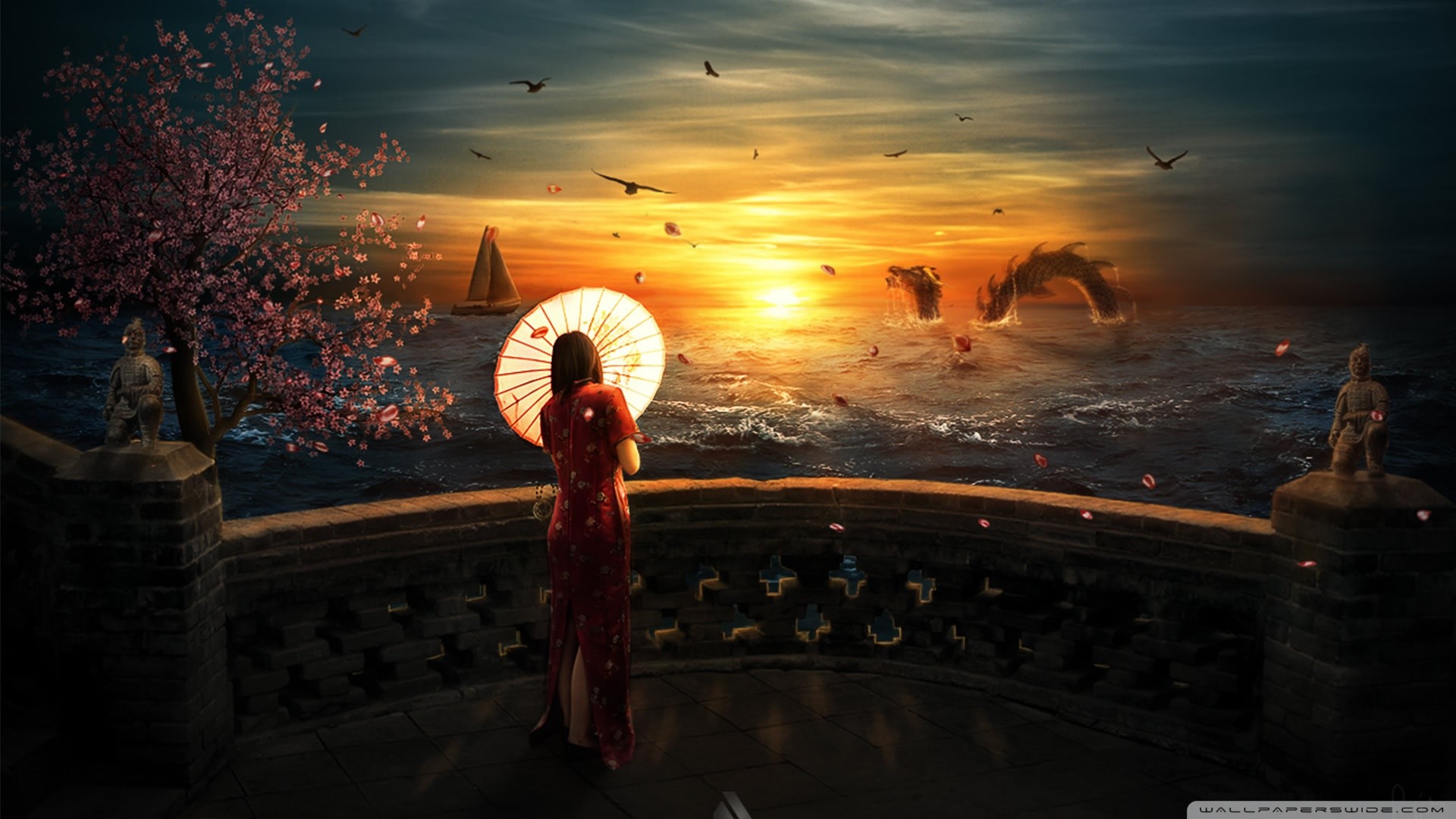Fantasy art of a woman with an umbrella watching sea monsters at sunset HD Wallpaper