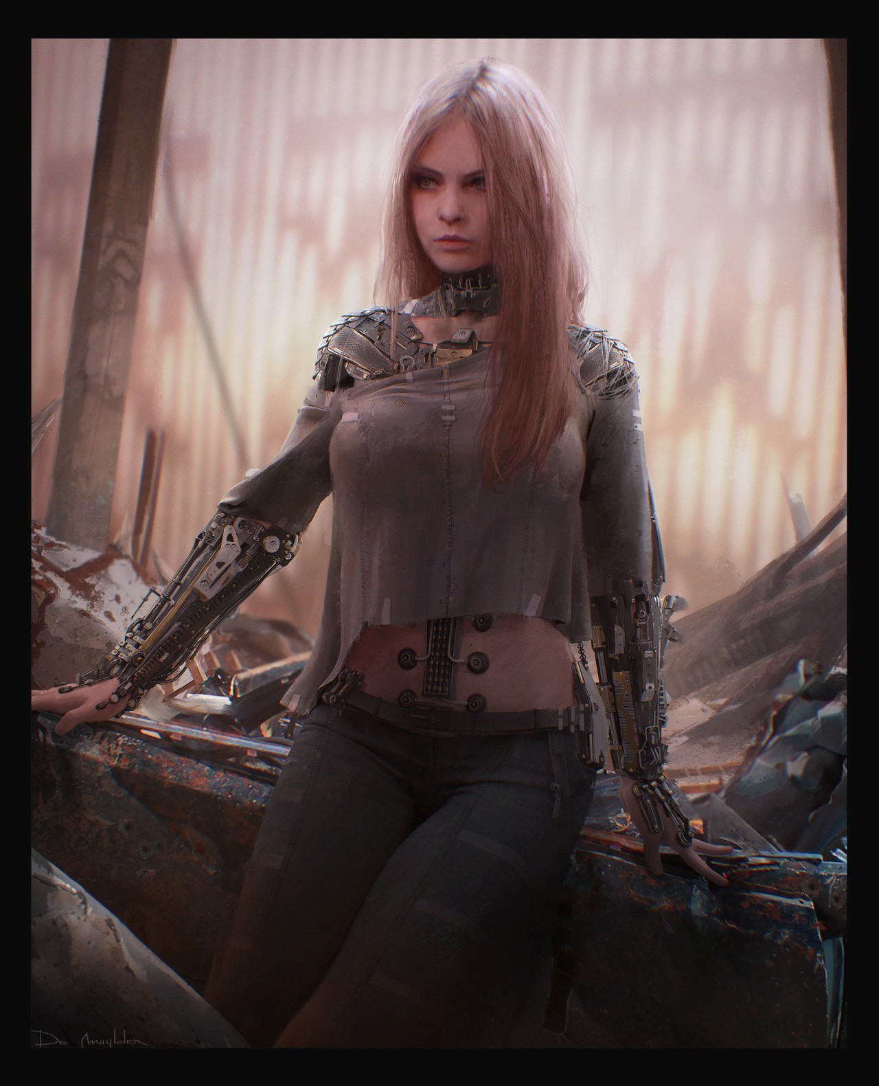 Woman with cybernetic arms in a post-apocalyptic setting HD Wallpaper