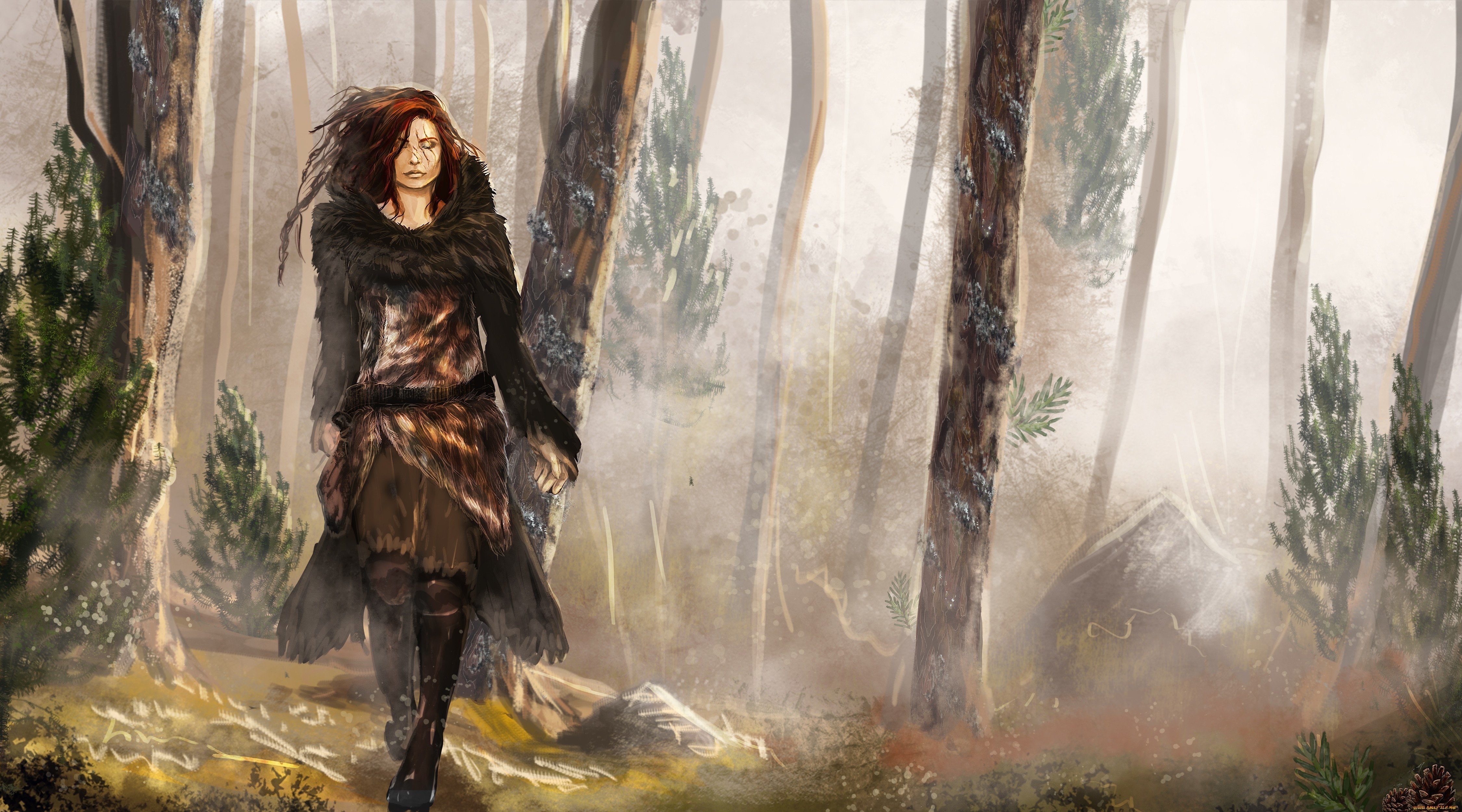 Woman in fur clothing walks through a misty forest HD Wallpaper