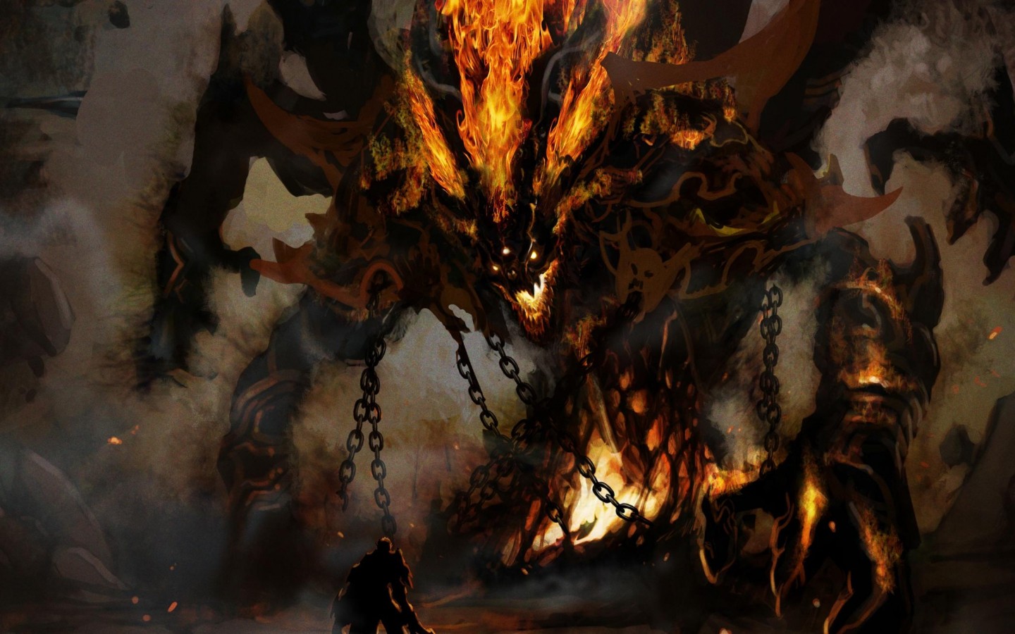 A fiery demon chained before a small figure HD Wallpaper