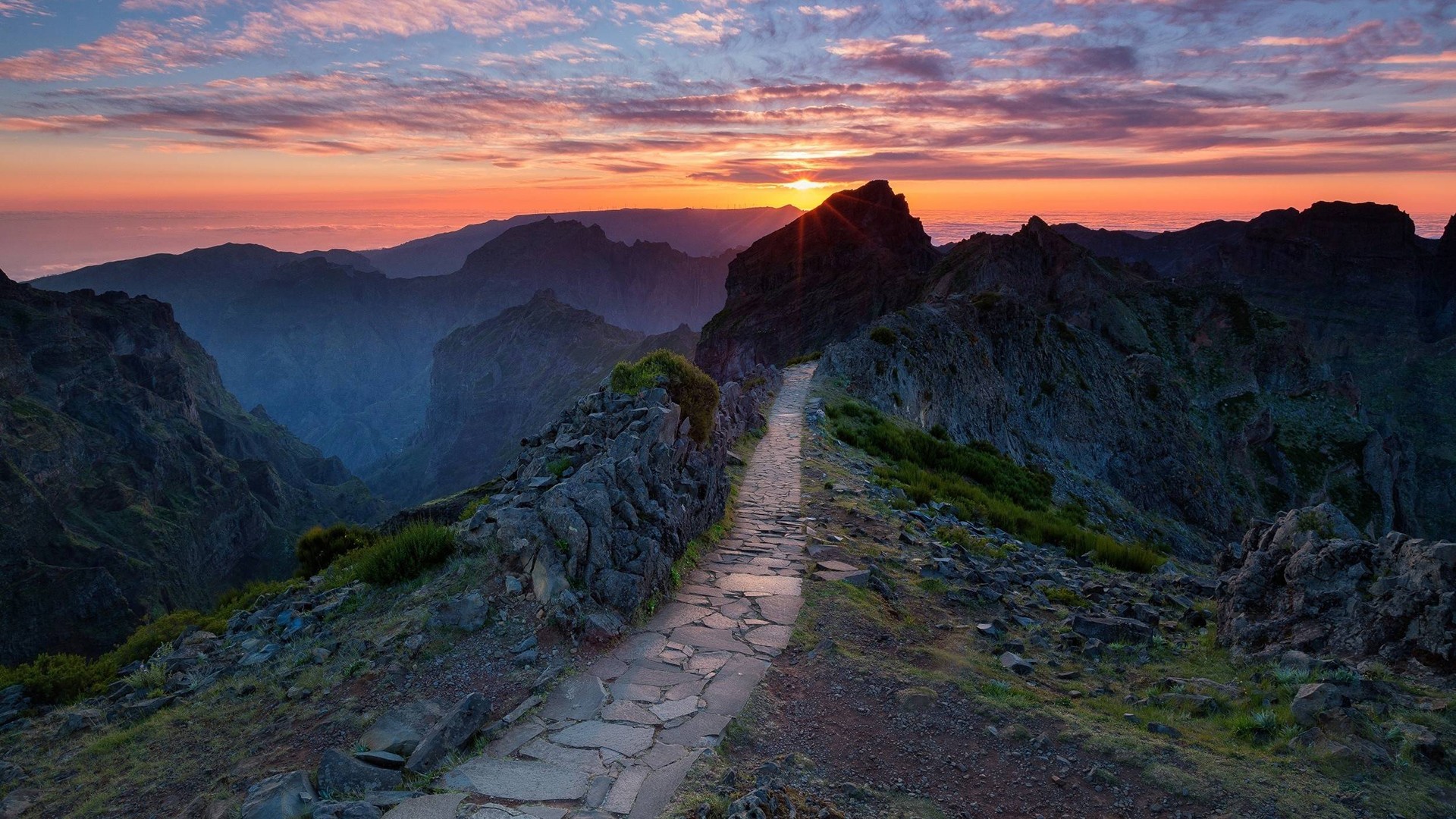 Mountain path at sunset HD Wallpaper