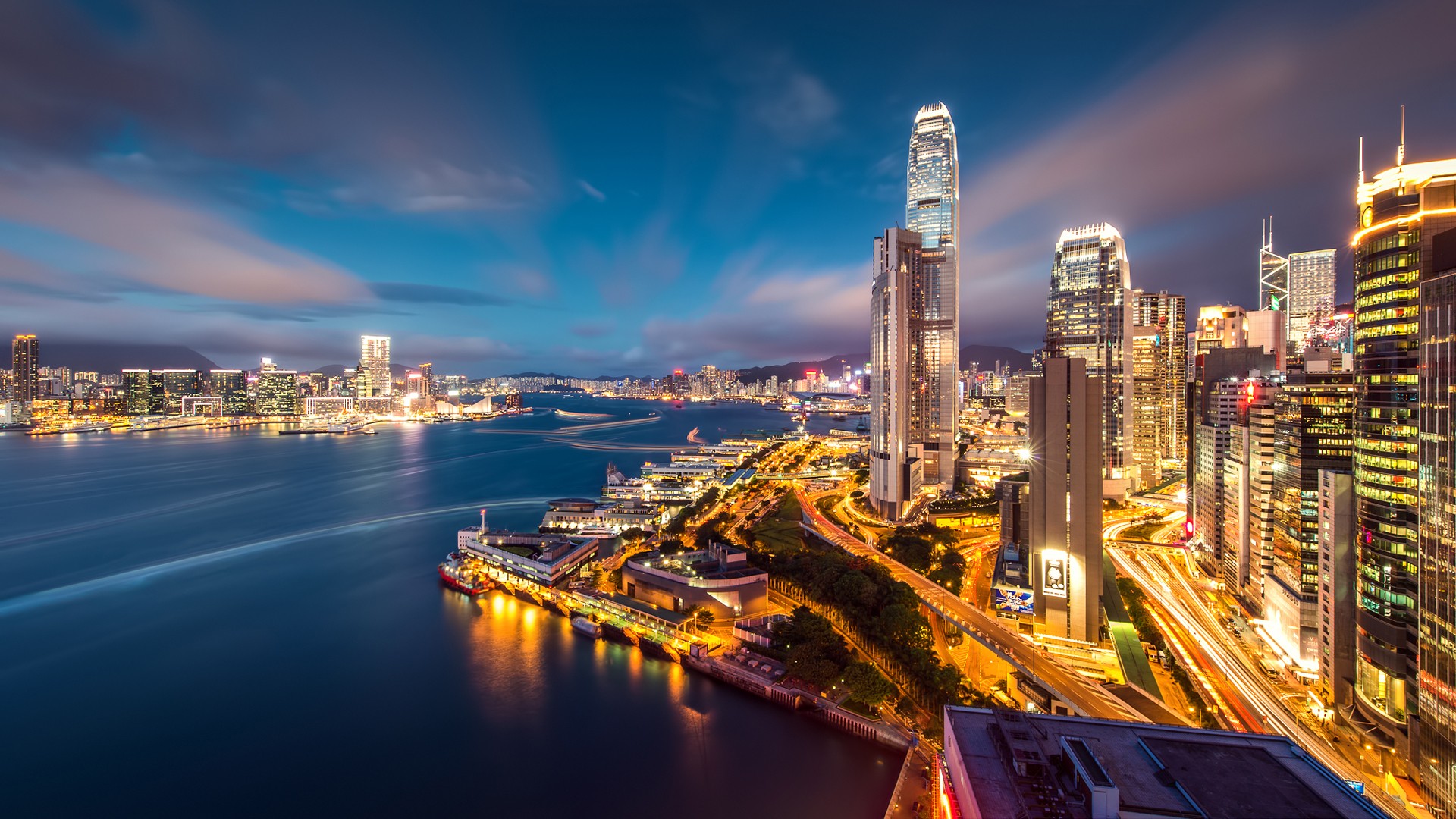 Hong Kong skyline at night with Victoria Harbour HD Wallpaper