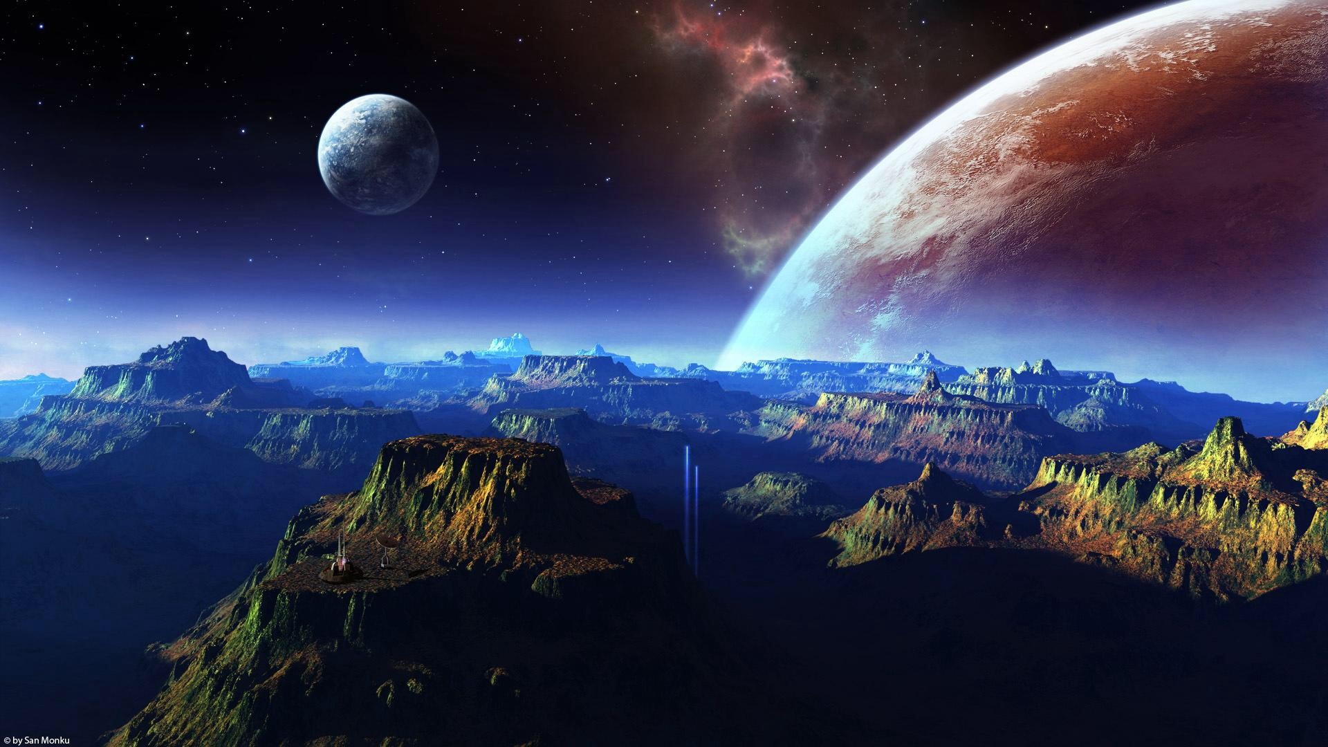 Alien landscape with planets and nebulae HD Wallpaper