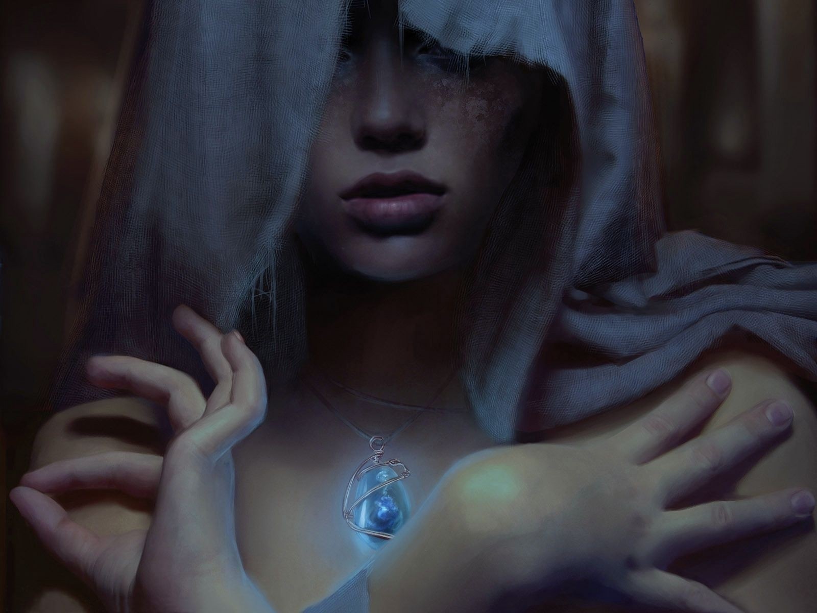 Fantasy art of a woman with a glowing pendant HD Wallpaper