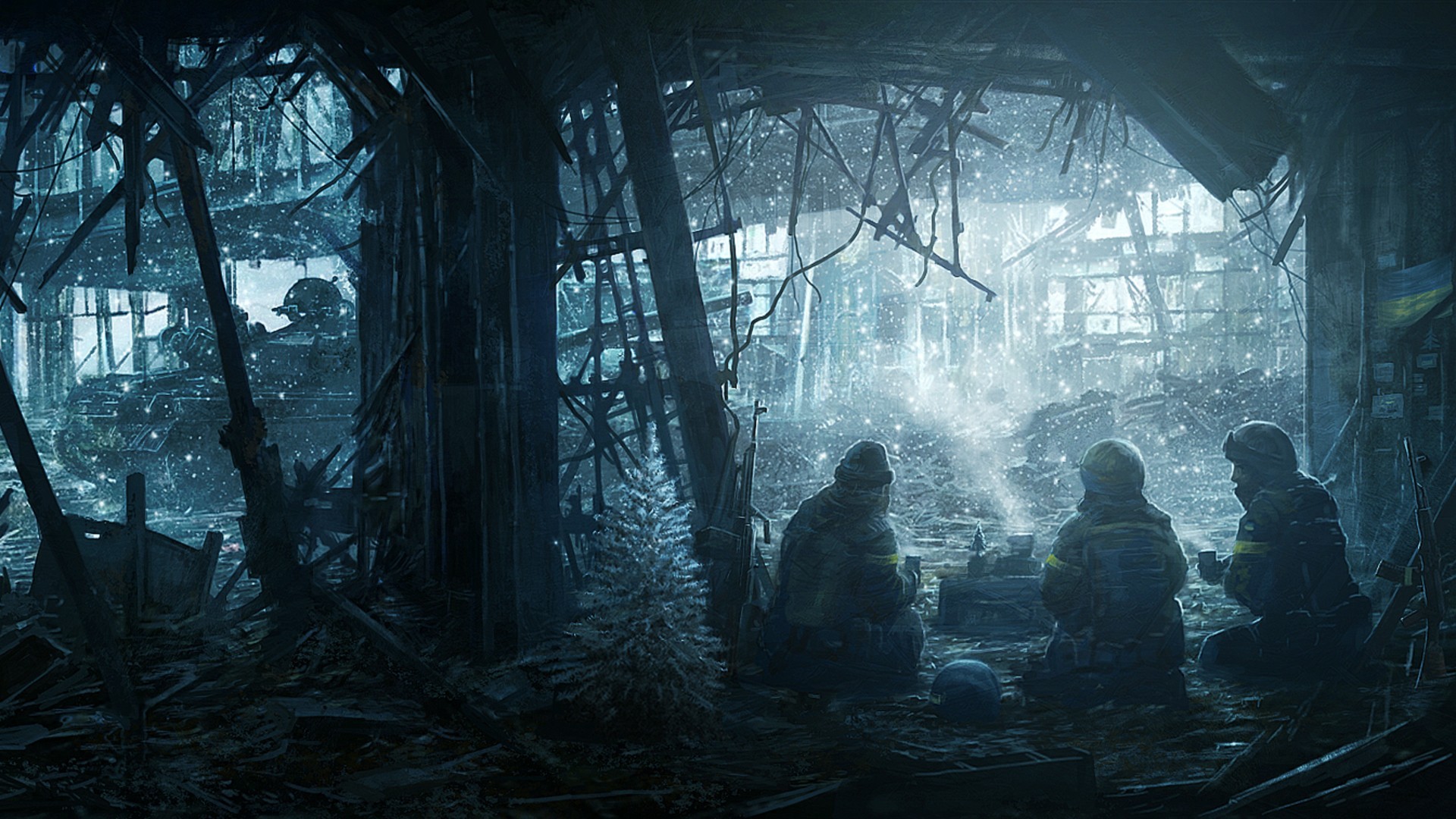 Soldiers in a destroyed building with snow falling HD Wallpaper