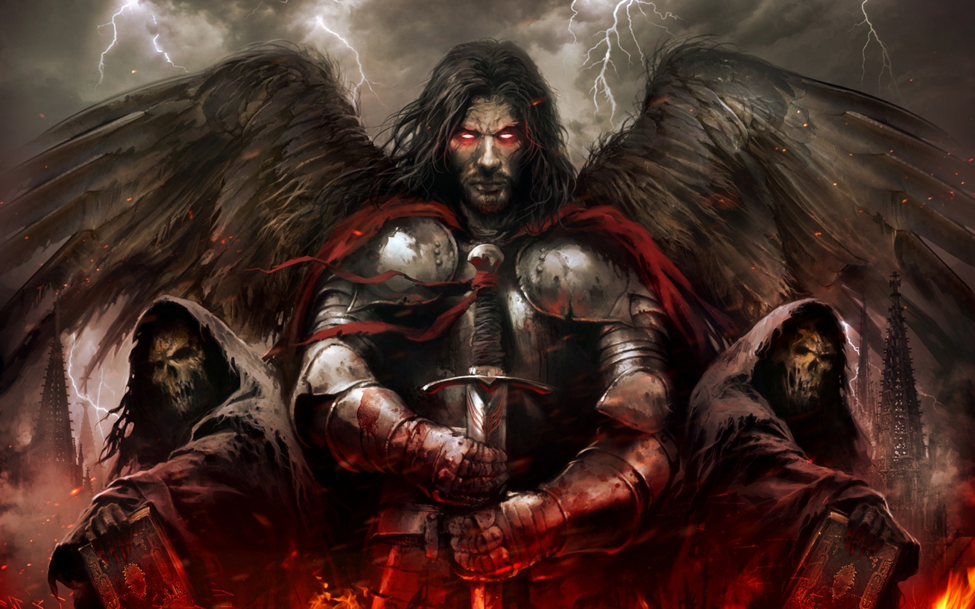 Fantasy angel warrior with glowing eyes and scythes HD Wallpaper