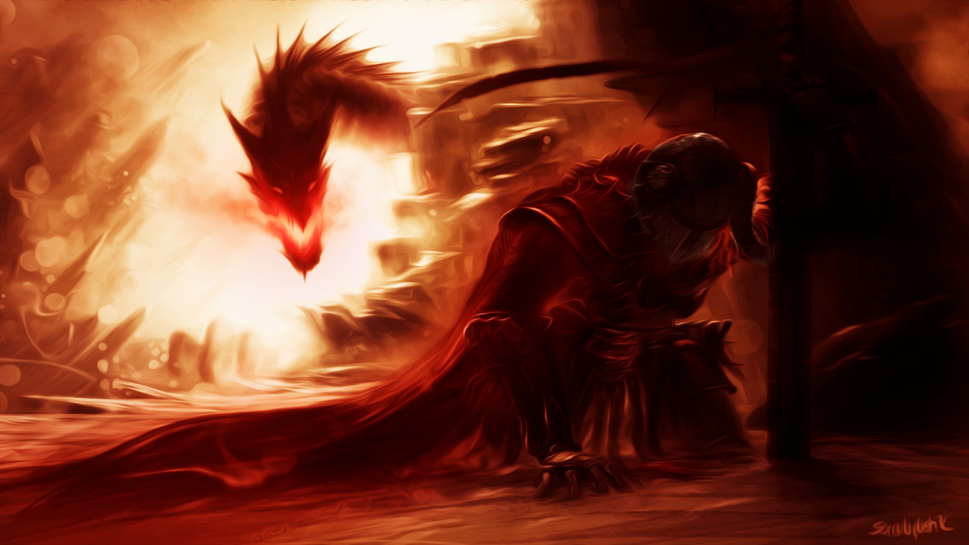 A red dragon looms over a kneeling figure in a dark cave HD Wallpaper