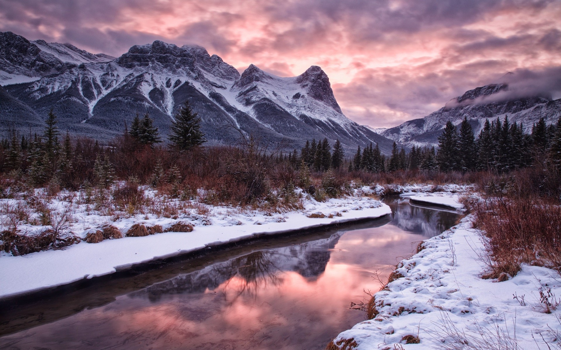 Snowy mountains and river at sunrise HD Wallpaper