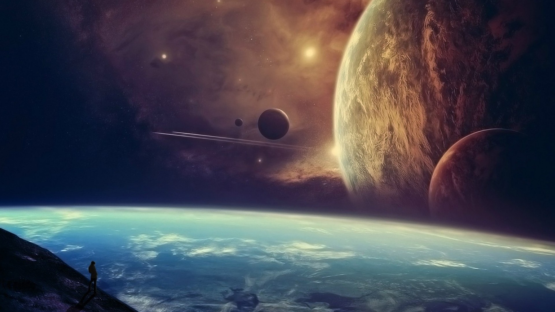 A lone figure stands on a planet's surface overlooking space HD Wallpaper