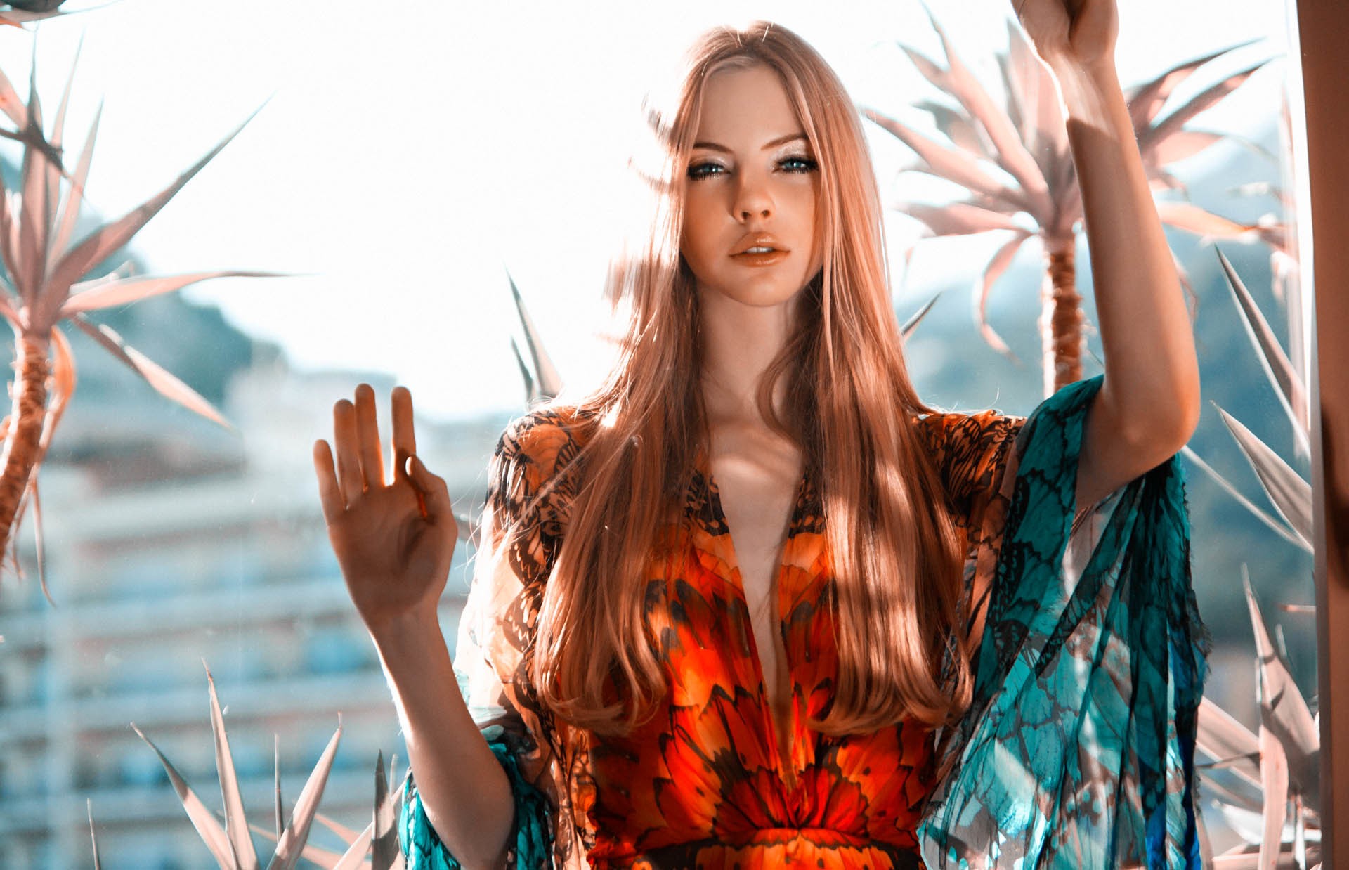Woman in a colorful dress with long blonde hair HD Wallpaper