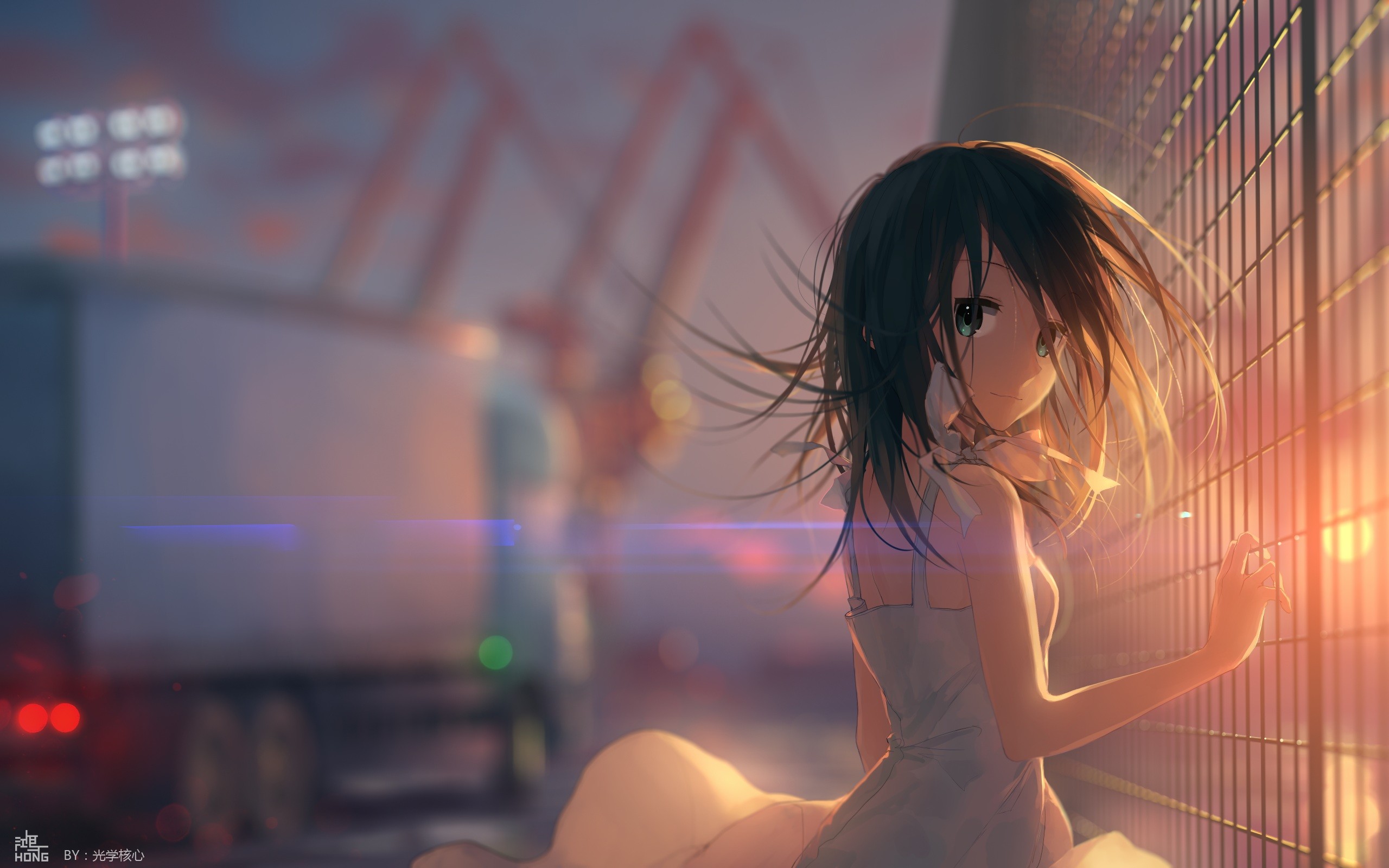 Anime girl with black hair and green eyes by a fence HD Wallpaper