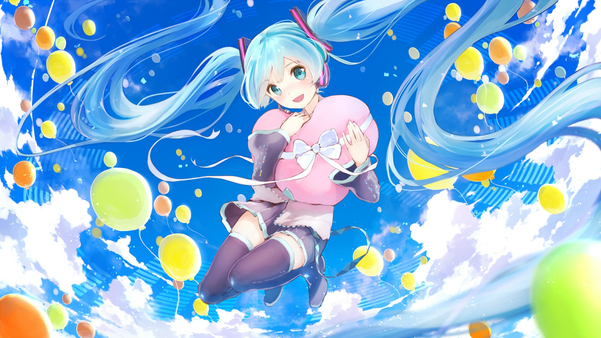 Hatsune Miku holding a heart-shaped gift surrounded by balloons HD Wallpaper