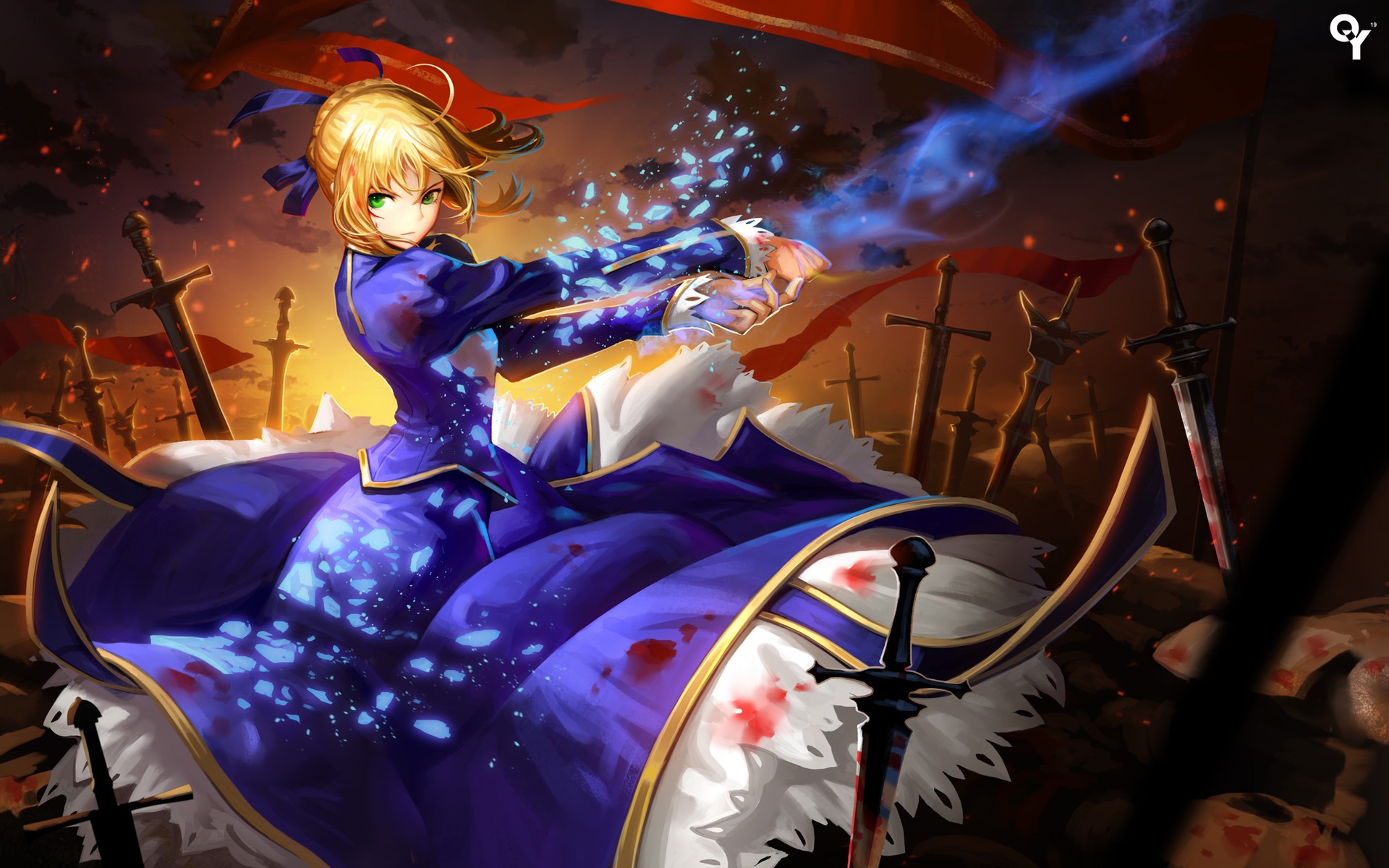 Saber from Fate Series in a blue dress HD Wallpaper