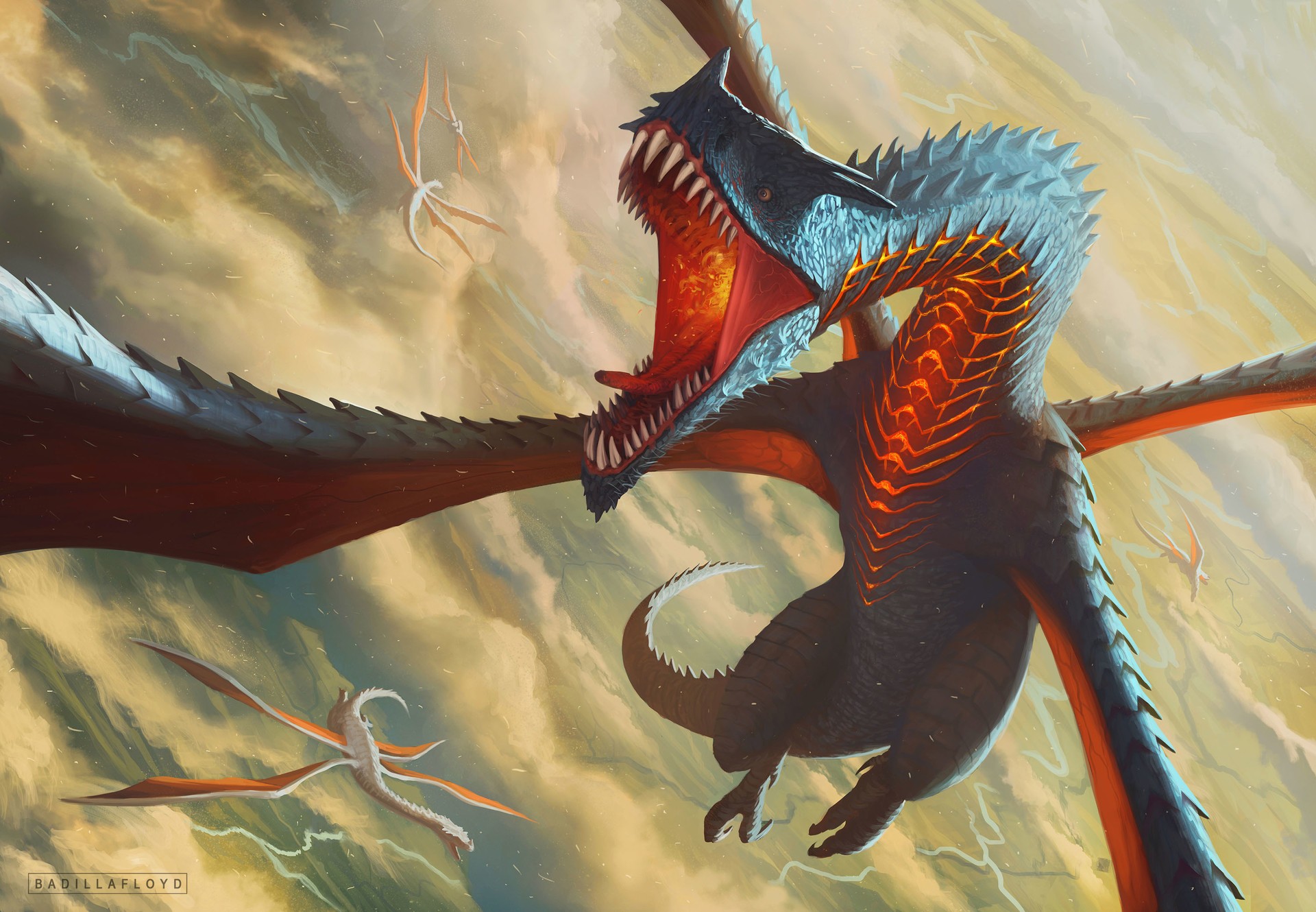 Dragon roaring in a cloudy sky with smaller creatures HD Wallpaper