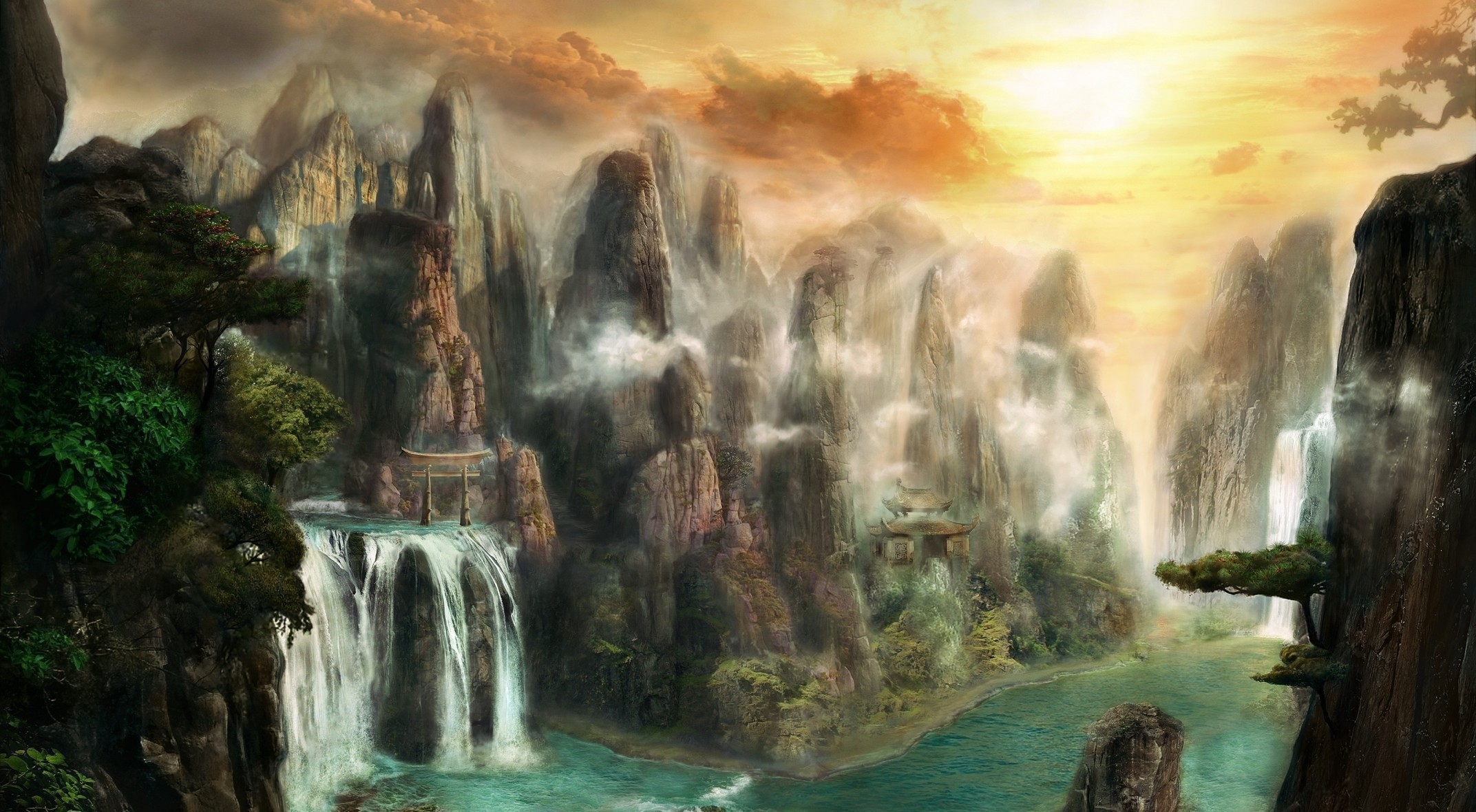 Misty mountains with waterfalls and Asian architecture at sunrise HD Wallpaper