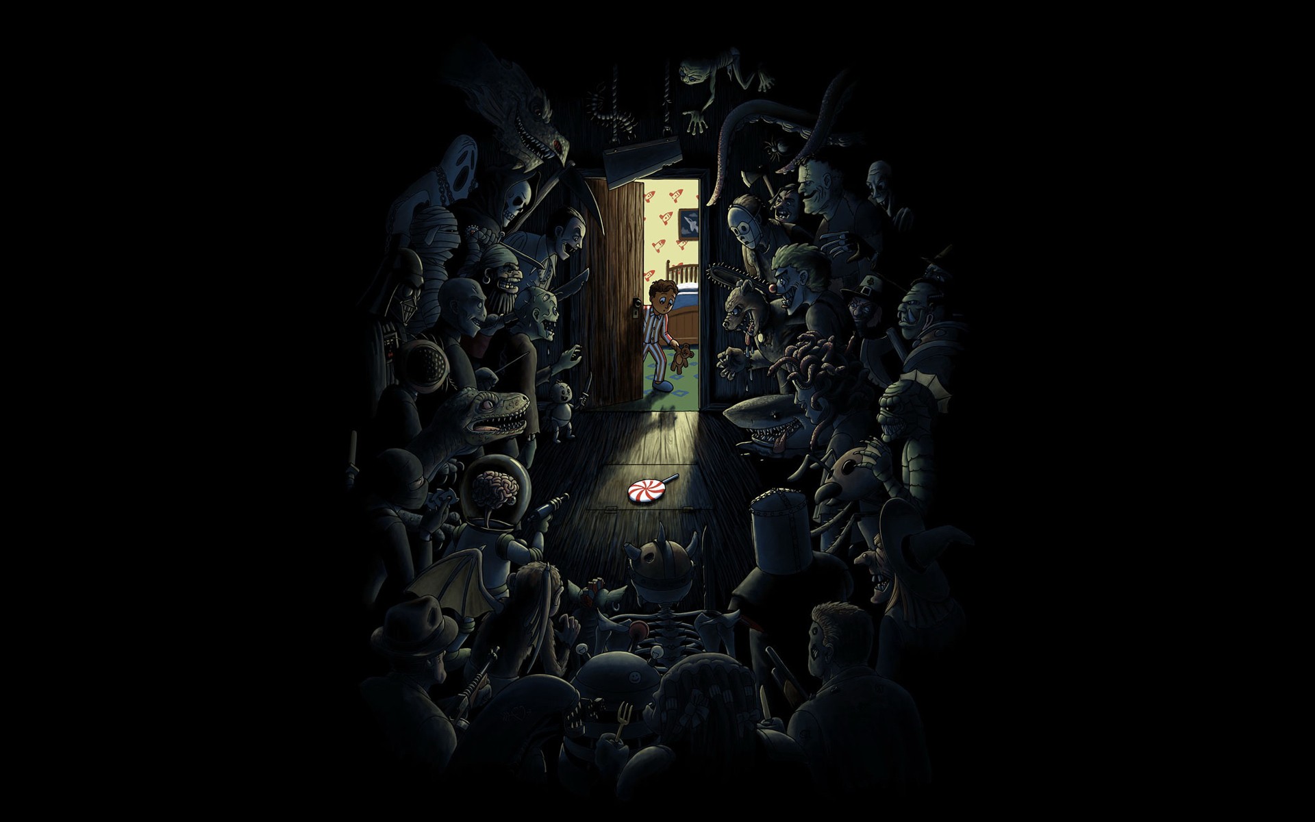 Monsters surround a child in a doorway HD Wallpaper
